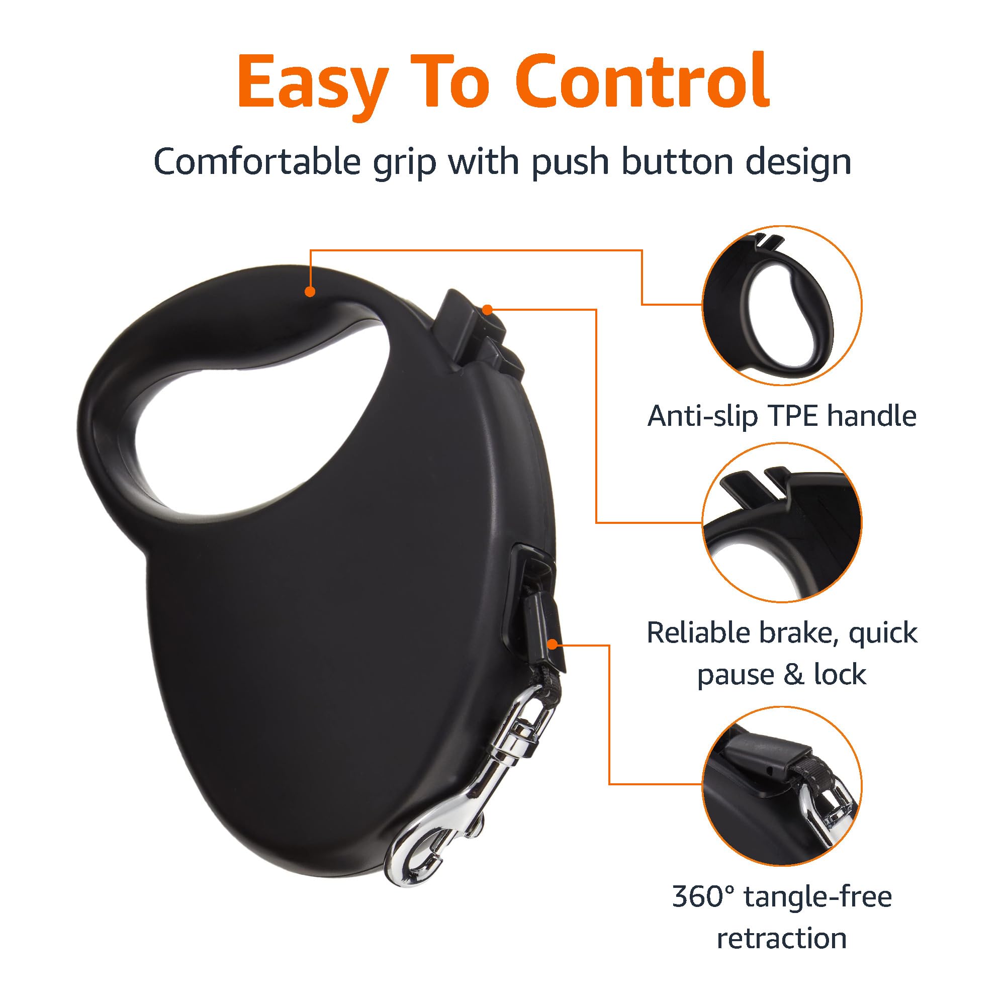 Amazon Basics Retractable Pet Leash, For Dogs Under 44 Lbs, Locking Mechanism, Small - 16Ft, Black