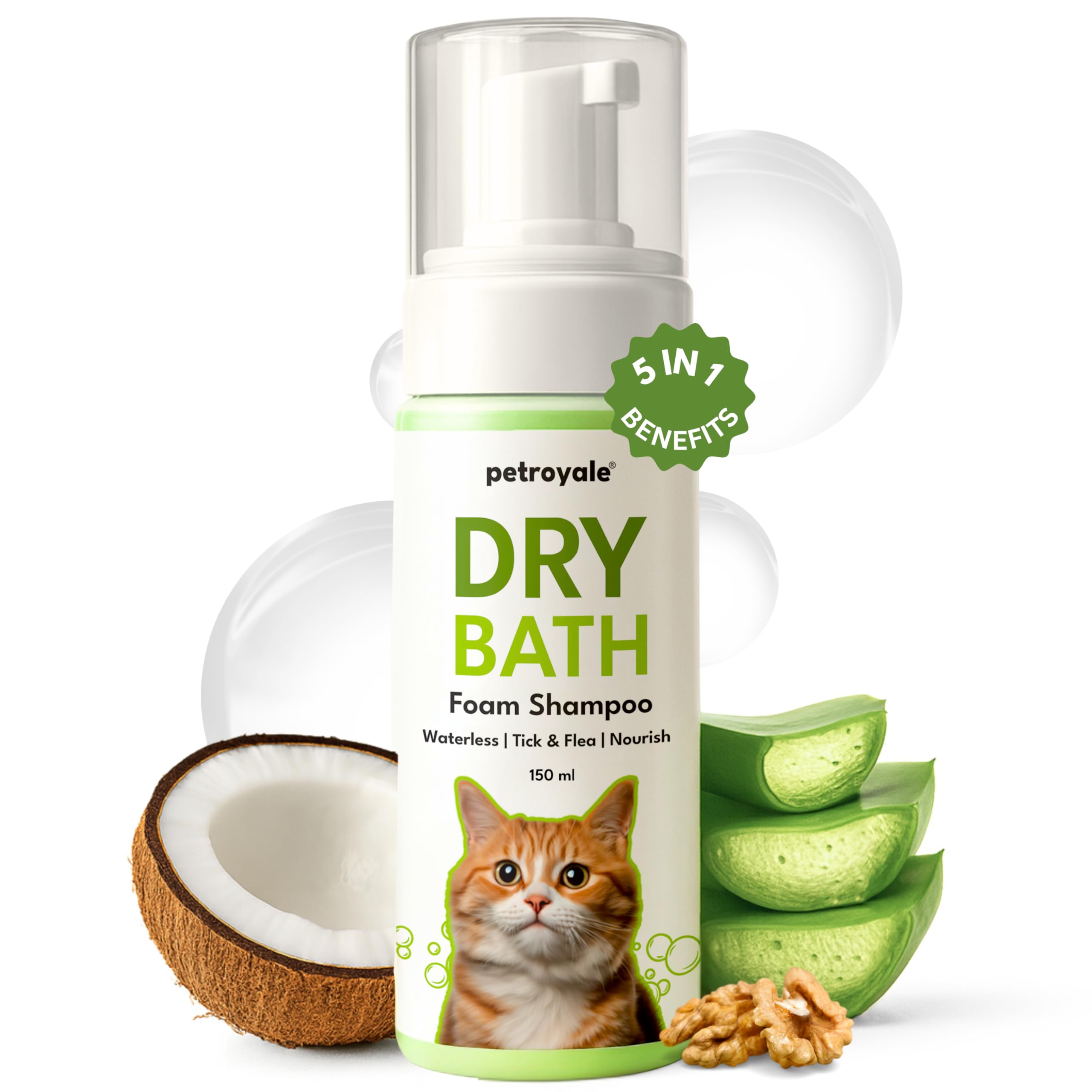 Petroyale Dry Bath Foam Shampoo For Cats - Dry Shampoo For Cats - Tick, Flea & Itch Relief - Dentangling Foam Shampoos For Quick