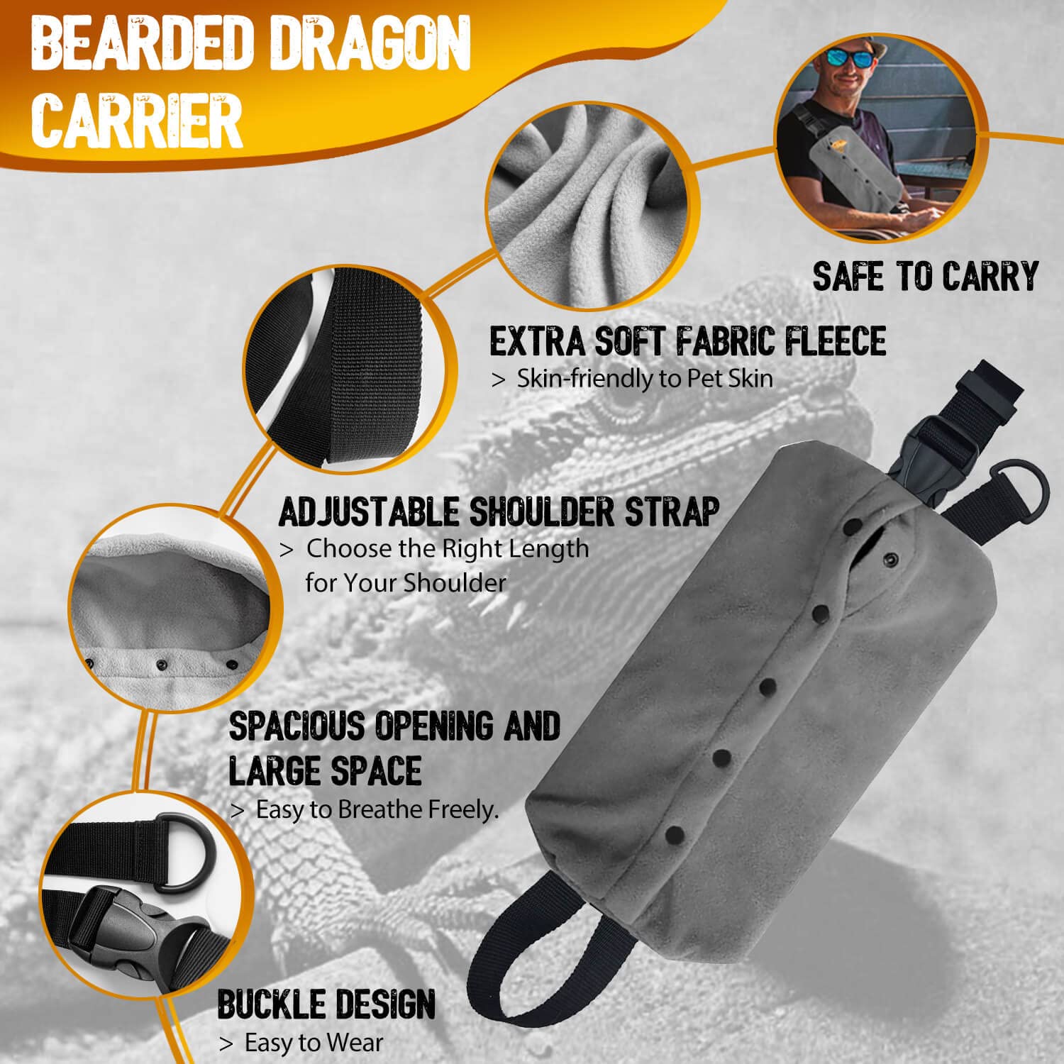 Watfoon Adjustable Lizard Leather Leash Harness And Bearded Dragon Carrier Sling, Reptile Small Pet Training Leashes And Beardie Snuggle Sling Bag For Outdoor Travel(Xl Grey Sling)