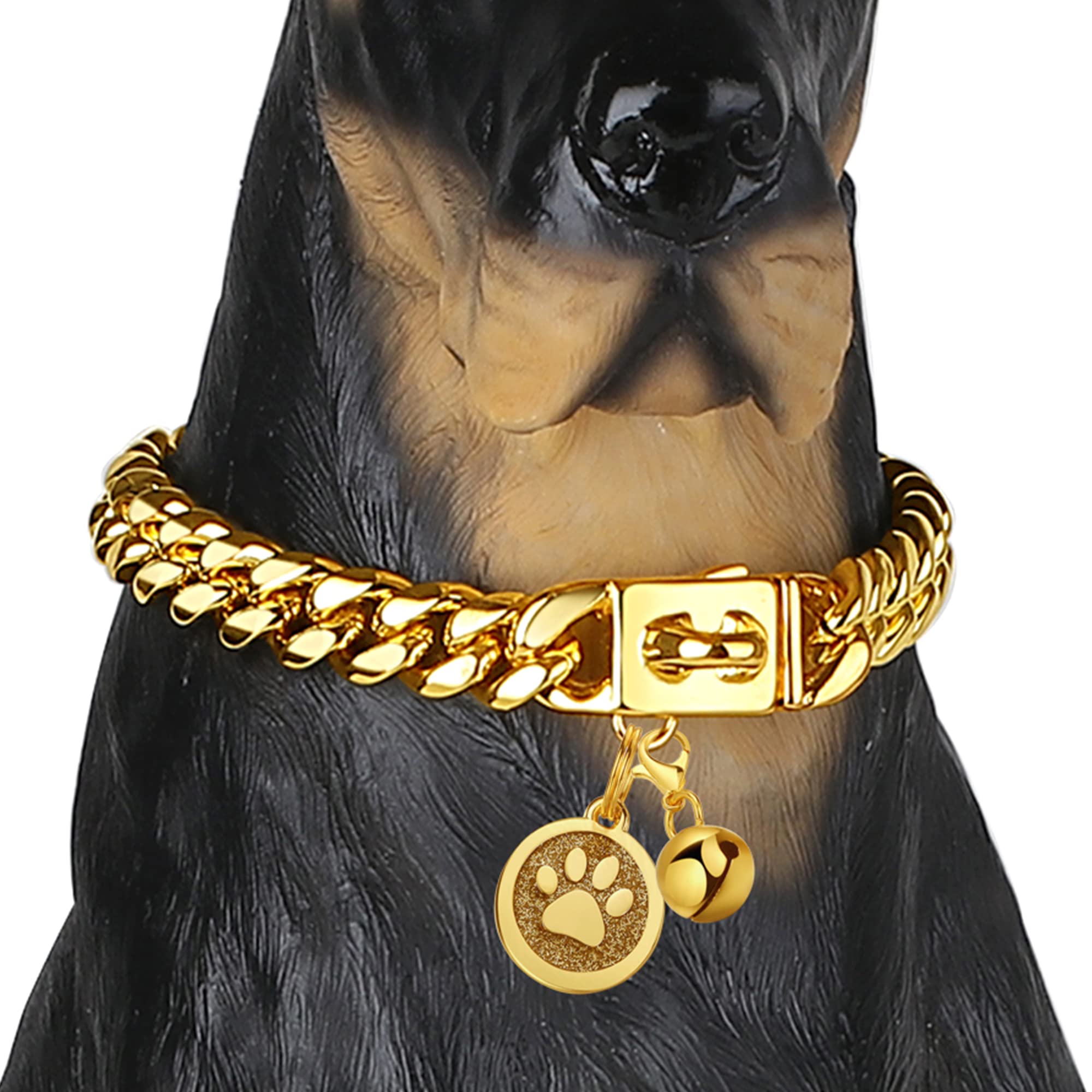 Idofas Dog Chain Collars Cuban Link Dog Collar Design Buckle With Bell & Dog Tag Stainless Steel Metal 10Mm Gold Silver Dog Coll