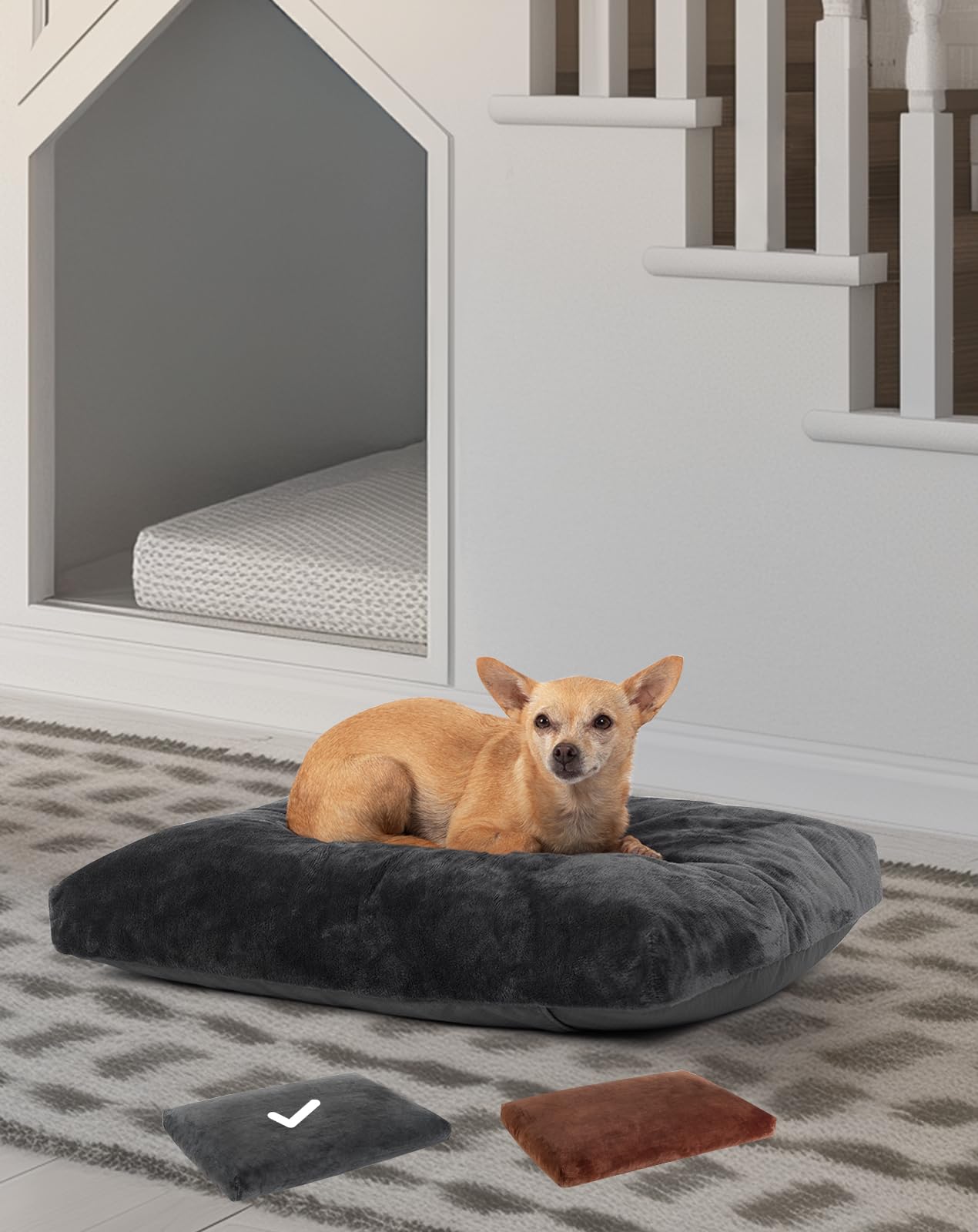 OhGeni Comfort Fluffy Dog Bed with Removable Washable Cover & Waterproof Lining, Chew Proof & Non-Slip Soft Crate Bed for Large,