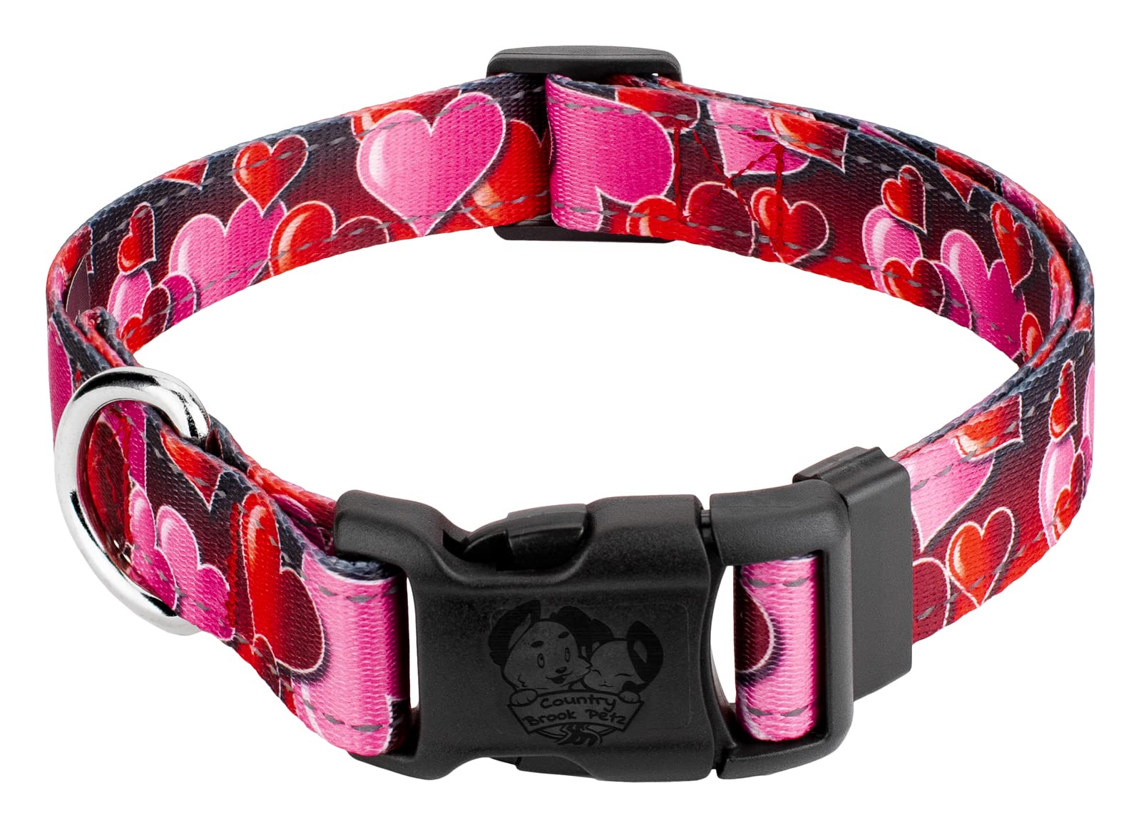 Country Brook Petz - Deluxe Romantic Hearts Reflective Dog Collar Collection Featuring Night Safe Designs (1 Inch, Extra Large)