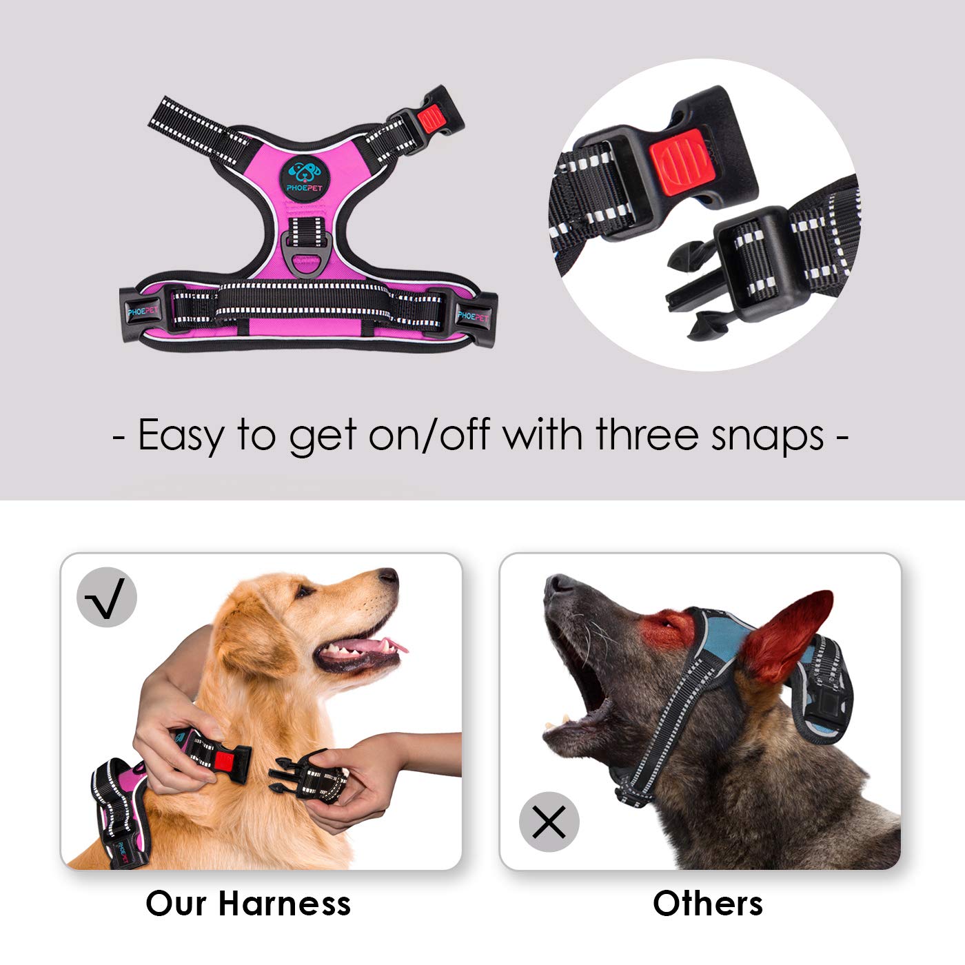 Phoepet Reflective Dog Harness Large Breed Adjustable No Pull Vest With With Handle 2 Metal Rings 3 Buckles [Easy To Put On & Take Off](L, Pink)