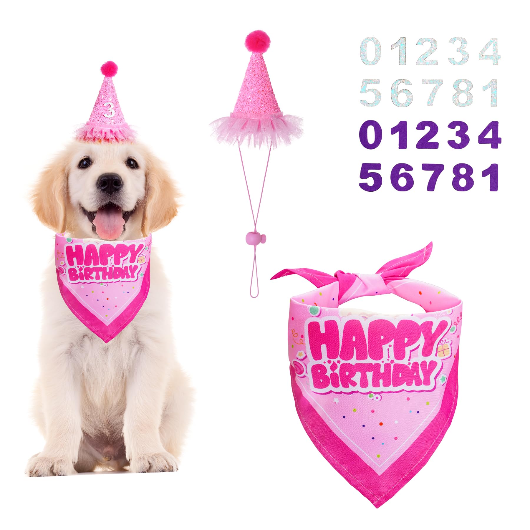 Pistha Dog Birthday Party Set - Bandana Scarf & Hat With Number For Dog Birthday Party (Pink)