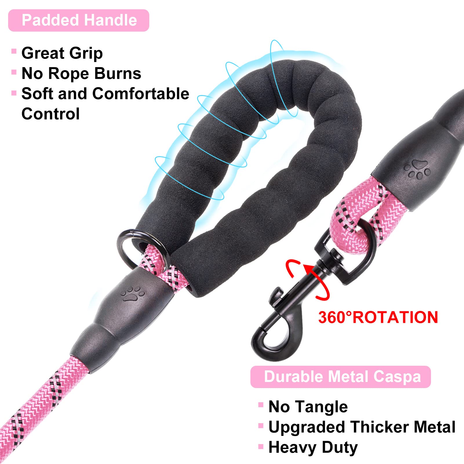 Beautyzoo Heavy Duty Rope Dog Leash 3 Pack, 6Ft Nylon Pet Leash With Reflective Thread, Soft Padded Handle Thick Lead Strong Dog