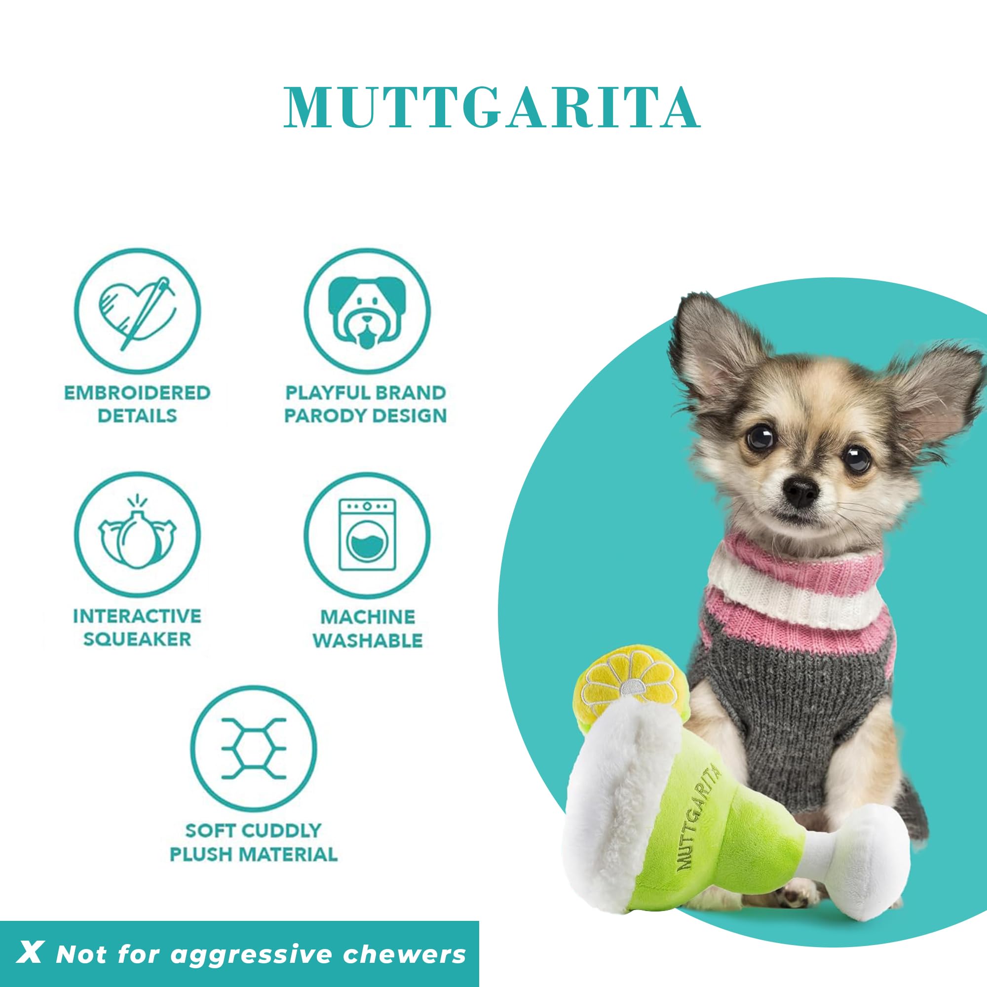 Haute Diggity Dog Muttgarita, Plush Designer Dog Toys With Interactive Squeaker, Stimulating Pet Enrichment, Machine-Washable &