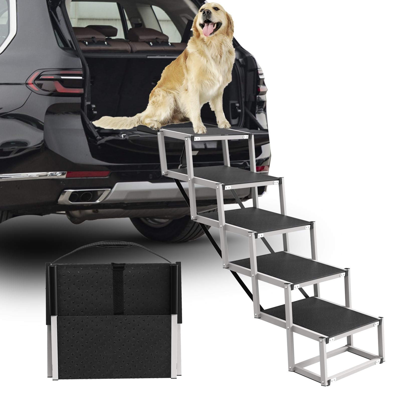 Deergym Dog Stairs for Large Dogs - 5 Step Wide 16in High 34in Foldable Dog Ramp for Car Non-Slip Surface Support up to 230lbs -