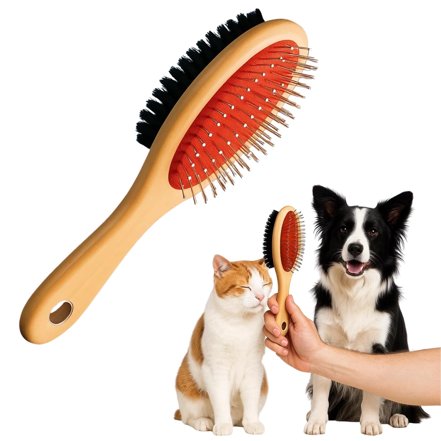 Wiggleboo 18Cm Wooden Double Side Pet Brush  Dog & Cat Grooming Bathing Comb  Metal Pin Bristles & Soft Hair Bristles  Detang