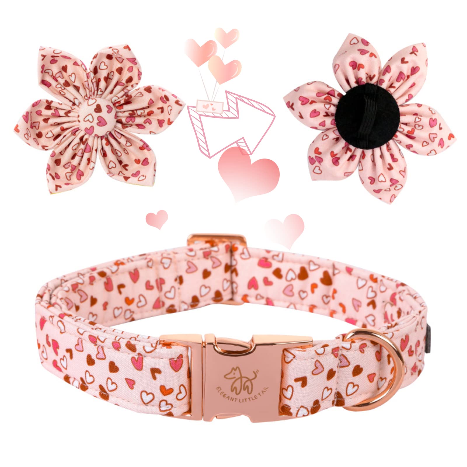 Elegant Little Tail Valentine 'S Heart Dog Collar, Cute Detachable Dog Collar With Flower, Gift Pet Collar Adjustable Dog Collar
