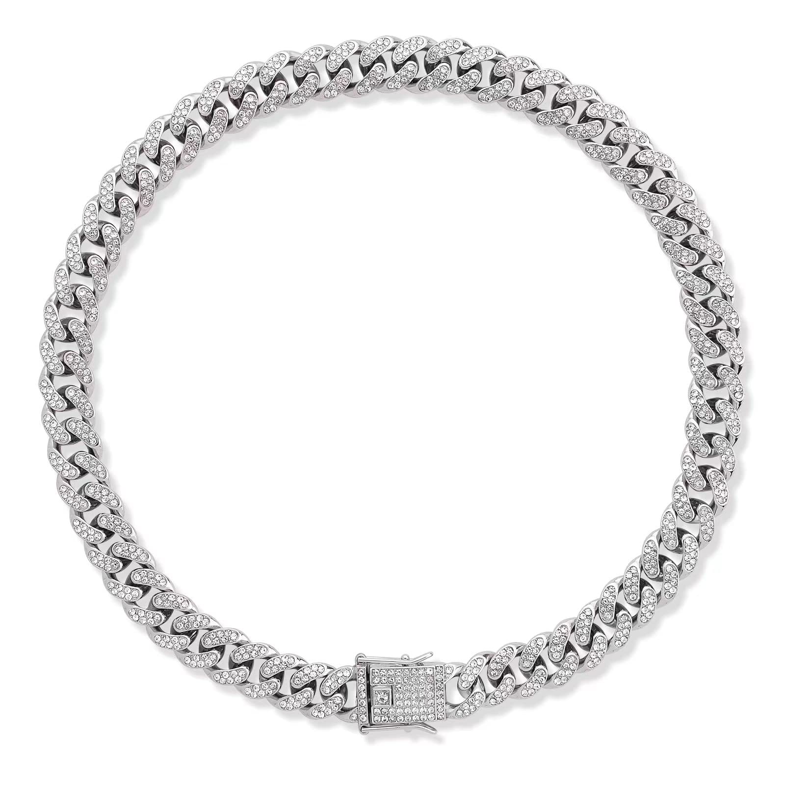 Wimupath Silver-Plated Diamond Dog Collar - Cuban Style Metal Chain With Secure Buckle, Luxury Durable Collar For Small/Medium/L