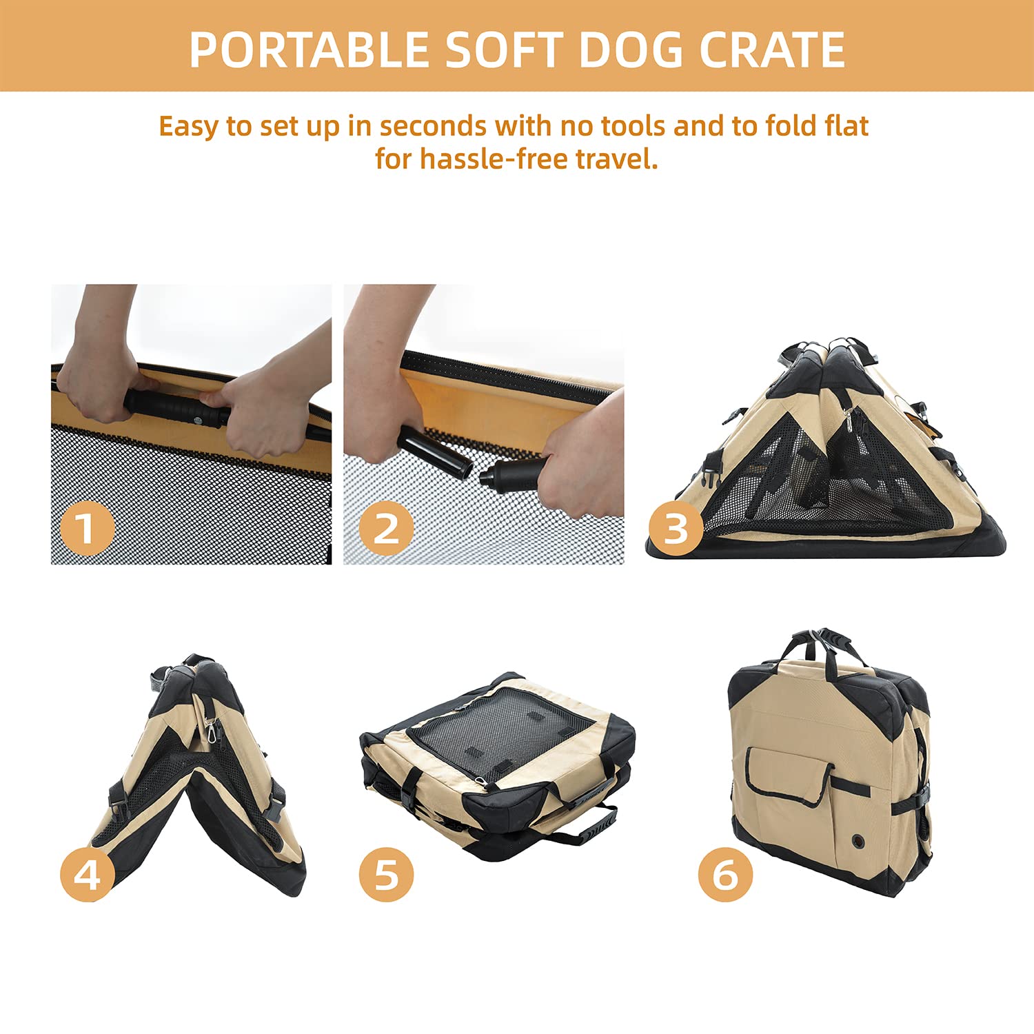 Pettycare 42 Inch Collapsible Dog Crate For Large Dogs, 4-Door Foldable Soft Dog Kennel With Chew Proof Mesh Windows, Indoor & Outdoor Travel Dog Crate, Soft Side Dog Crate,Beige
