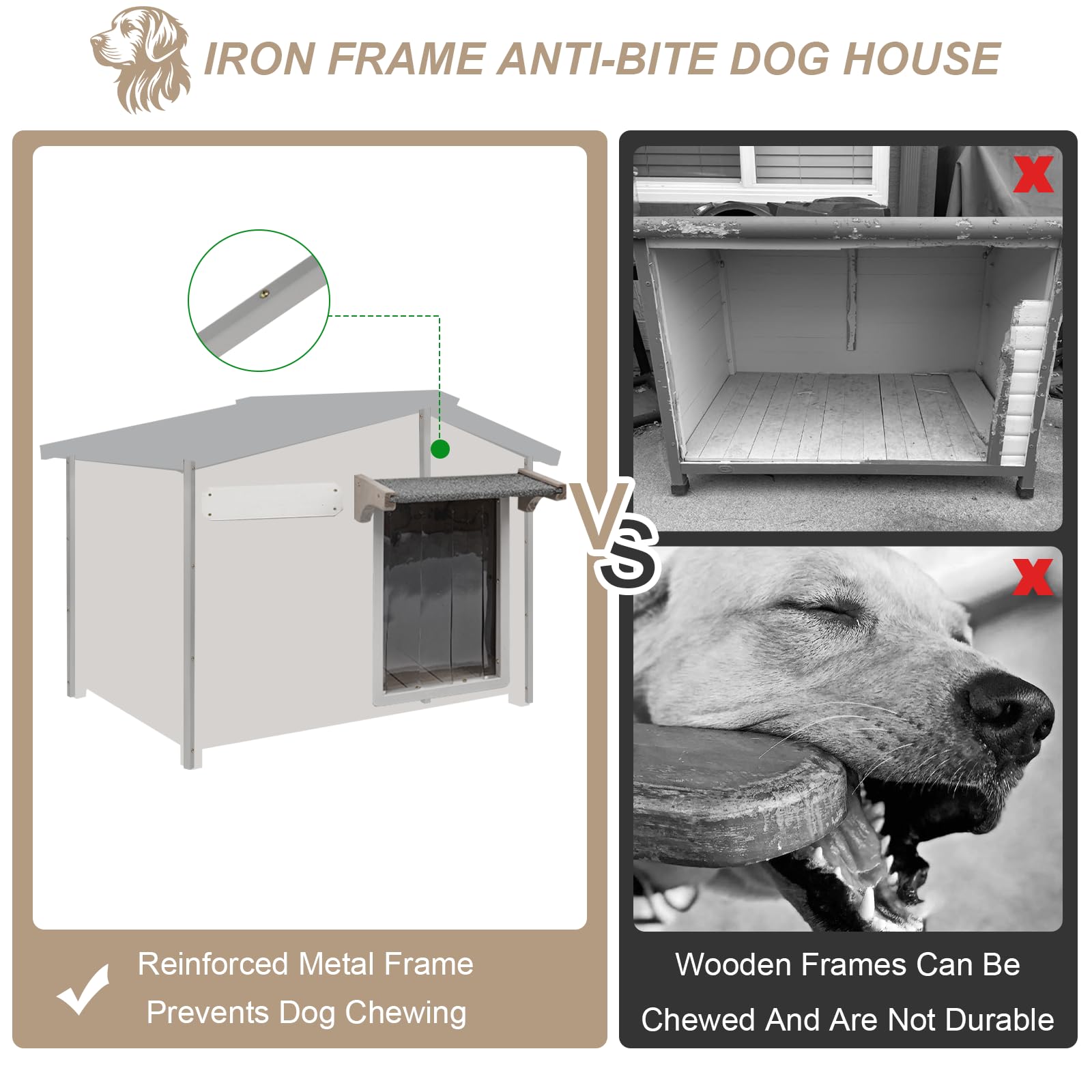 Outdoor Dog House with Chew-Proof Iron Frame, Wooden Dog Kennel Weatherproof,Removable Floor, Adjustable Vent Window, Easy Assem