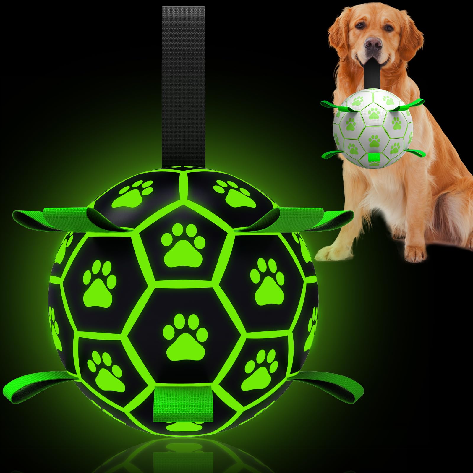 QDAN Glow in The Dark Dog Toys Soccer Ball with Straps, Outdoor Interactive Doggy Toys, Puppy Birthday Gifts, Light Up Dog Balls