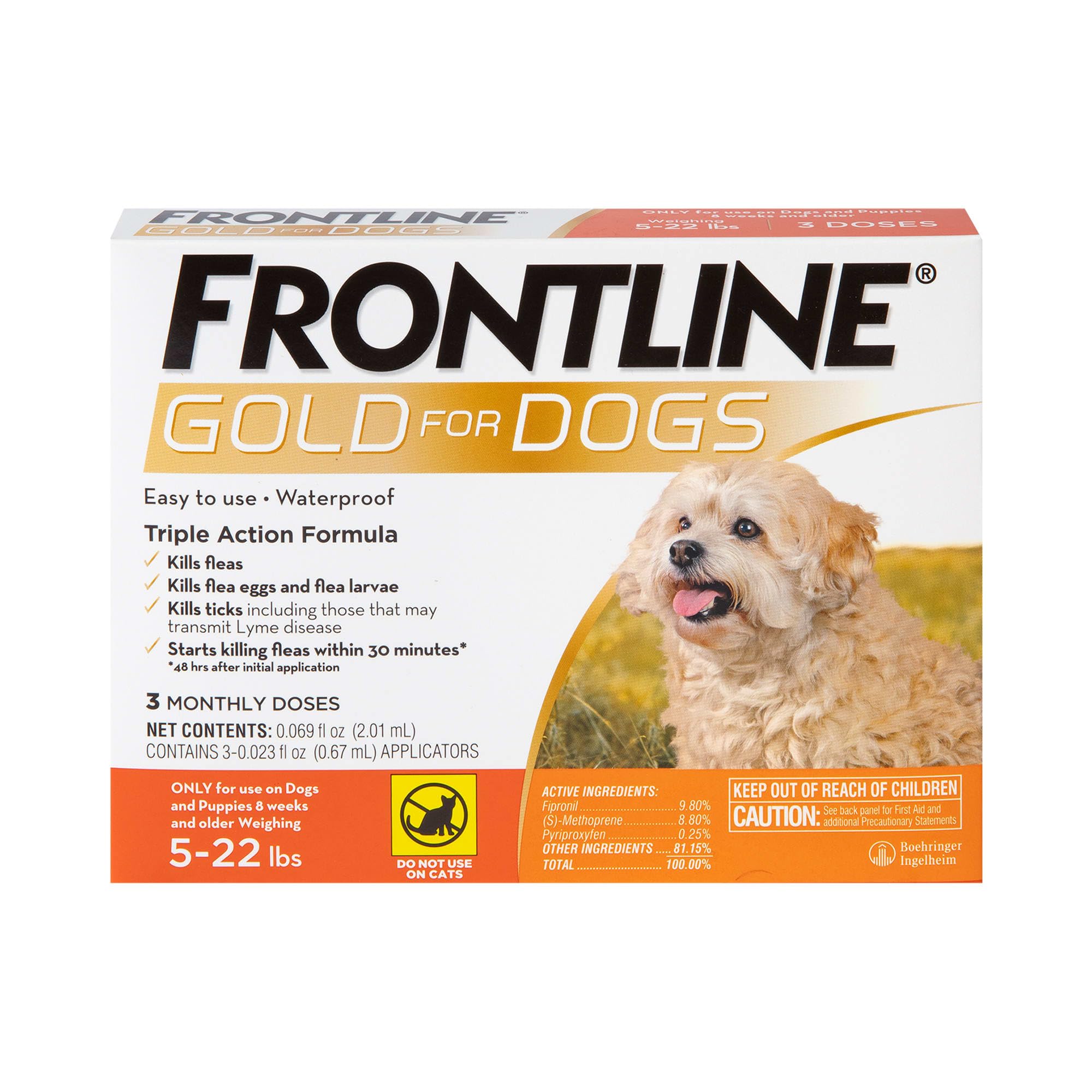 Frontline Gold Flea & Tick Treatment for Small Dogs Up to 5 to 22 lbs., Pack of 3