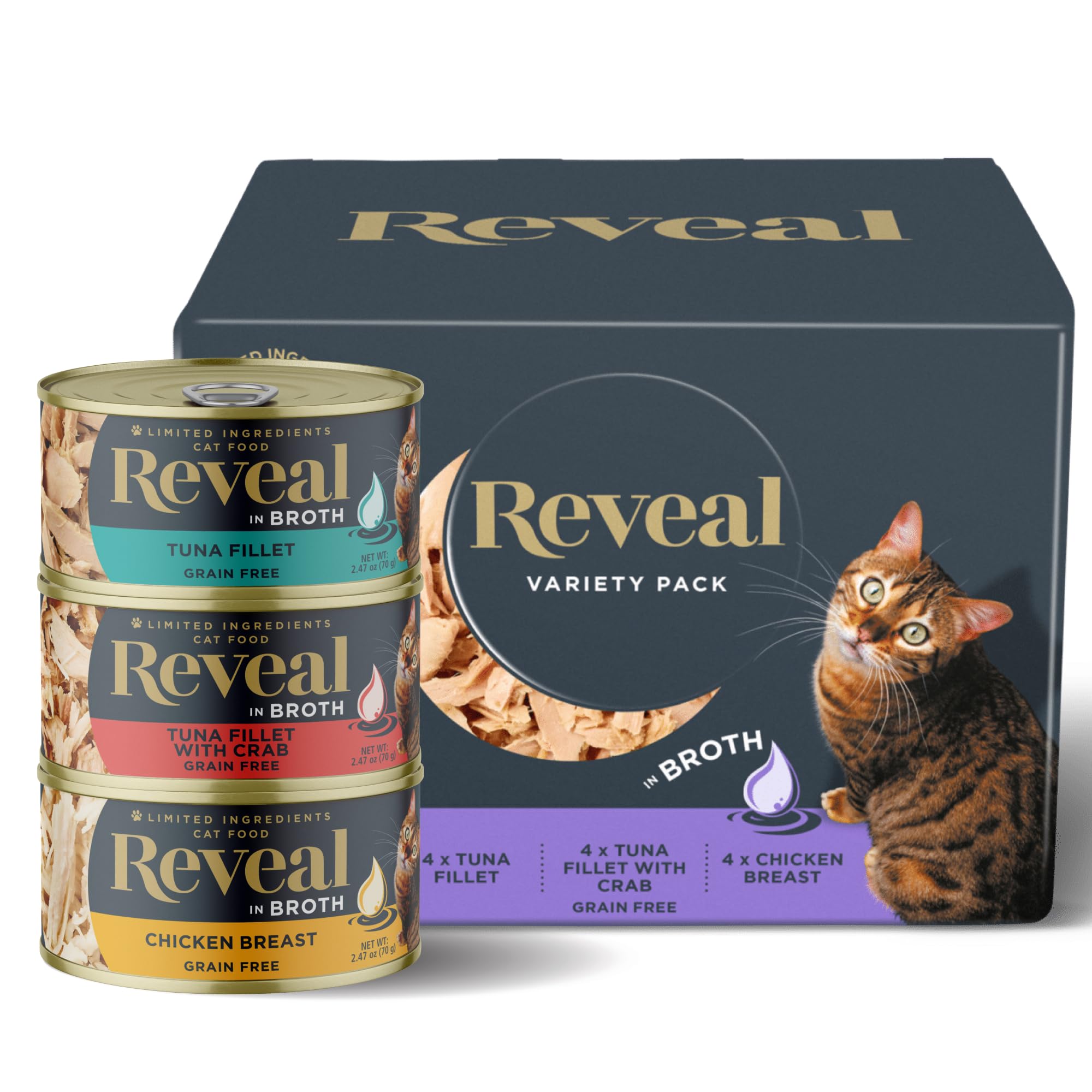 Reveal Natural Wet Cat Food, 12 Count, Grain Free, Limited Ingredient Canned Food for Cats, Fish and Chicken Variety in Broth, 2