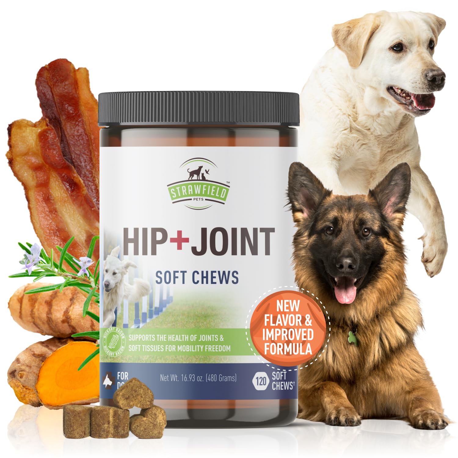 Strawfield Pets Hip + Joint Chews for Dogs Advanced Dog Joint Supplement with Glucosamine Tasty Healthy Mobility Treats Bacon Fl