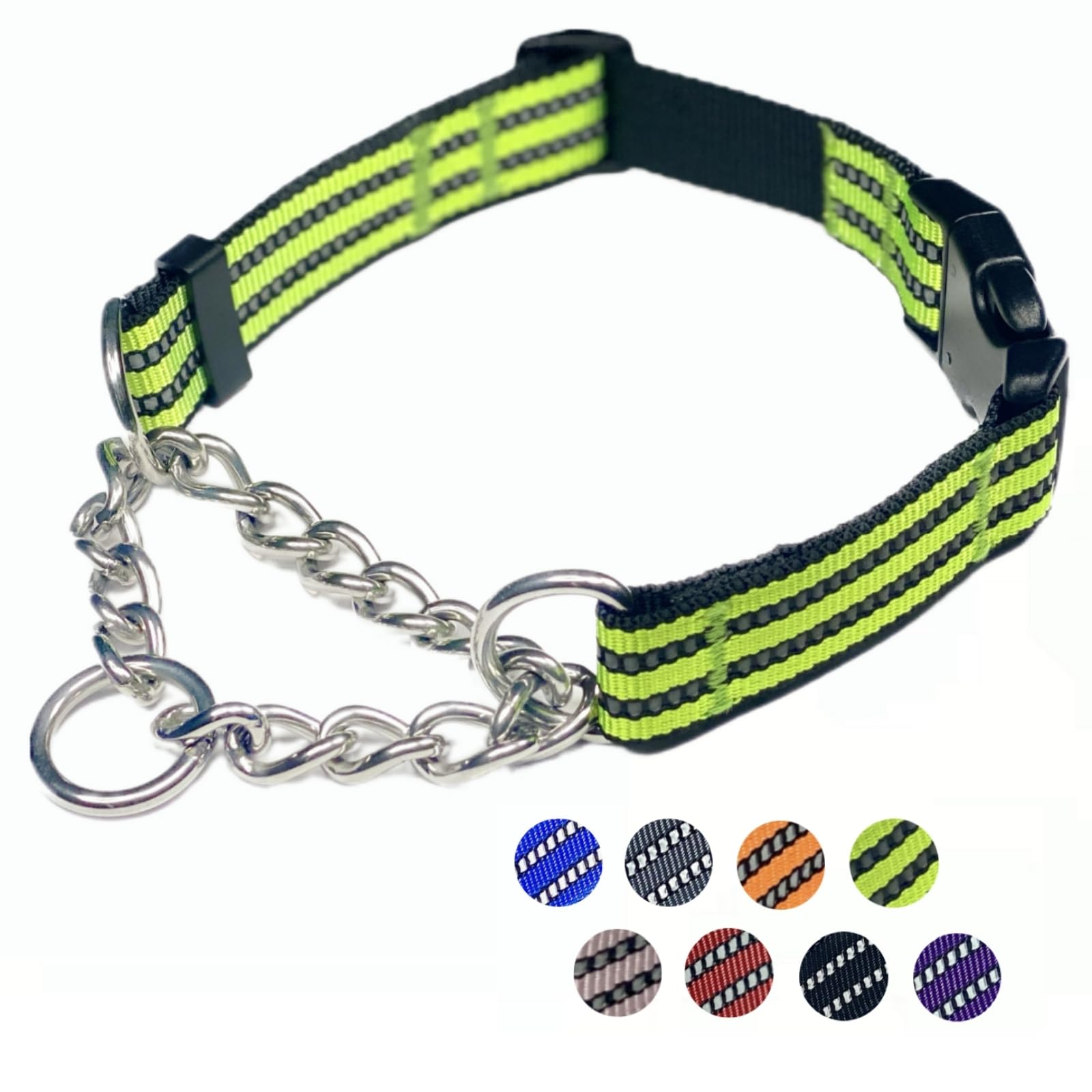 Martingale Dog Collars, Reflective Nylon Collar With Stainless Steel Chain, Adjustable Walking Training Dog Collars With Quick R
