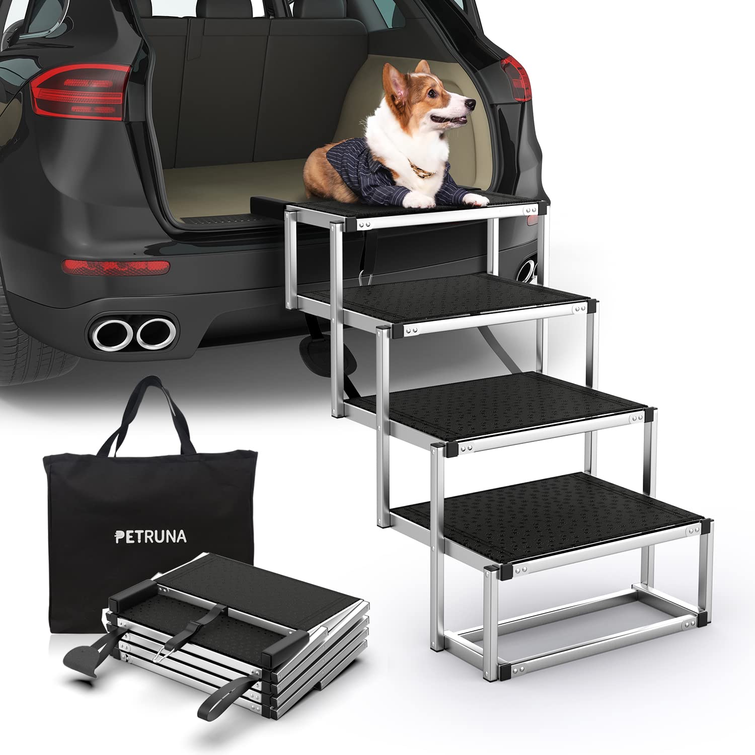Petruna Dog Stairs For Car, Foldable Dog Ramp For Car With Non-Slip Surface, Portable Dog Stairs Aluminum Dog Steps For Cars And Suv, High Beds, Truck, Supports Up To 250 Lbs, 4 Steps