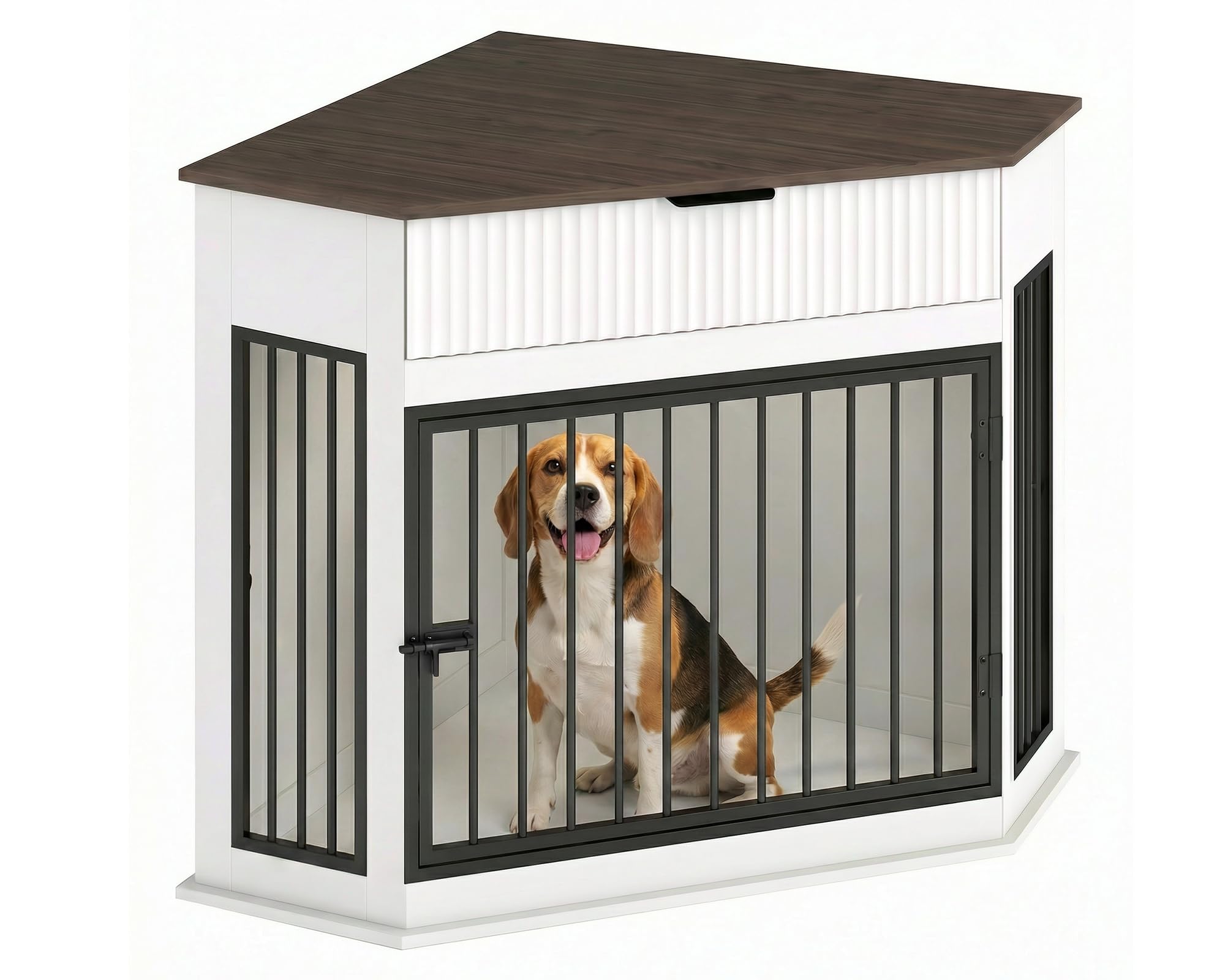 Yafylly Corner Dog Crate Furniture, 44.6 Furniture Style Corner Dog Crate with Fluted Drawer, Wooden Dog Kennel End Table for Sm