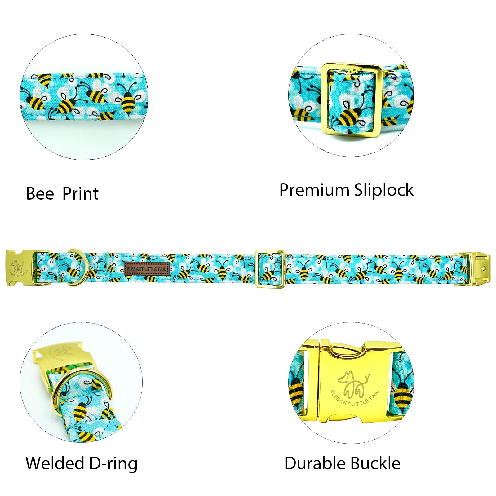 Elegant Little Tail Summer Pet Collar, Durable Bees Print Dog Collar, M, 1 Inch Width, 13.5 Inch Length, Cotton, Unique Design,