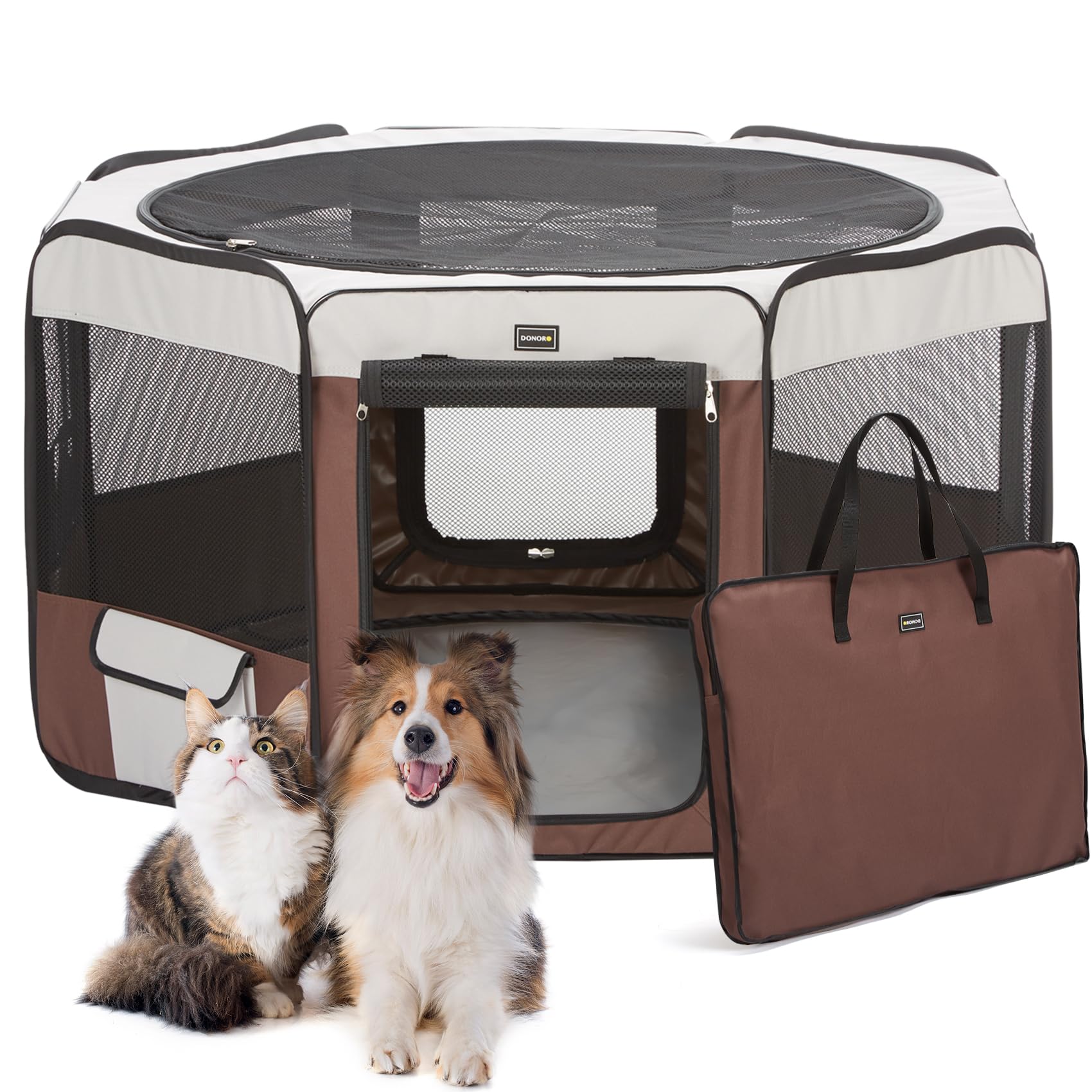 Donoro Dog Playpen 29' Portable Pet Play Pens For Small Dog/Cat/Rabbit/Chicks, Foldable Exercise Kennel Tent Crate Indoor/Outdoor Travel Camping, Removable Top/Bottom (Brown, Small (29'X29'X15'), 8)