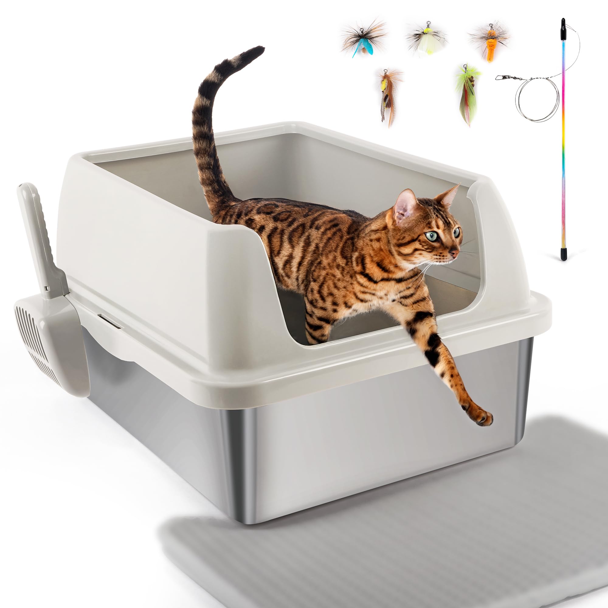 All For Paws Stainless Steel Cat Litter Box With Litter Mat For Big Cats Extra Large Metal Litter Pan Tray With High Wall Sides,