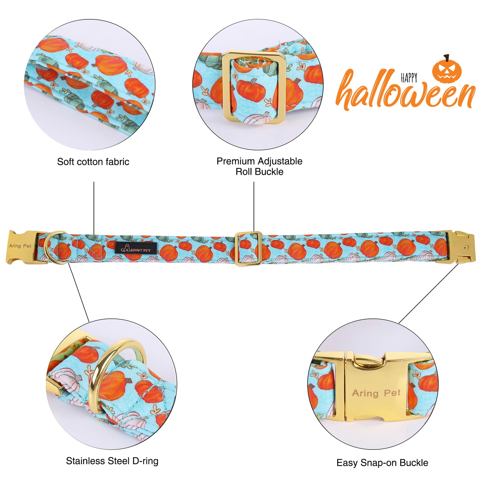 Aring Pet Halloween Dog Collar Cotton Pumpkin Dog Collar With Flower, Adjustable Blue Pumpkin Pet Collars Girl Puppy Collars With Metal Buckle