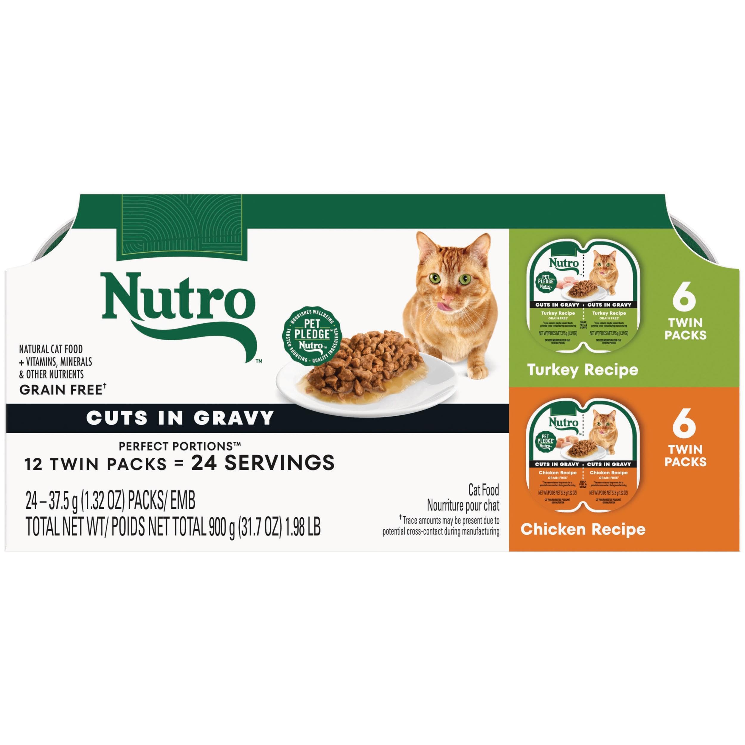 NUTRO Grain Free Natural Wet Cat Food Cuts in Gravy Turkey Recipe and Chicken Recipe Variety Pack, 2.64 oz. PERFECT PORTIONS Twi
