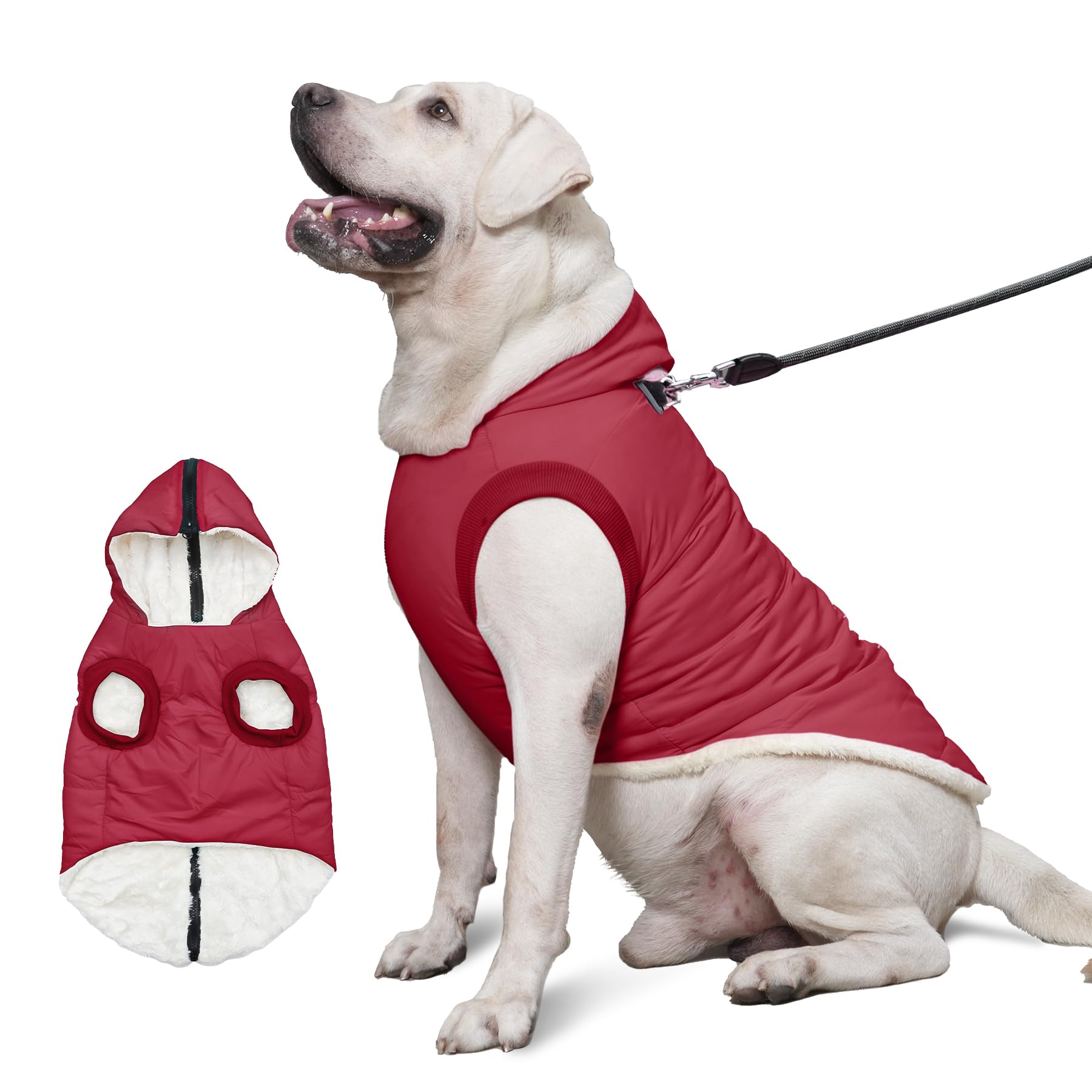 Vecomfy Fleece Lining Dog Hoodie With Harness Built In,Extra Warm Large Dog Jacket In Winter Doggie Coats With Hooded,Red Xxl