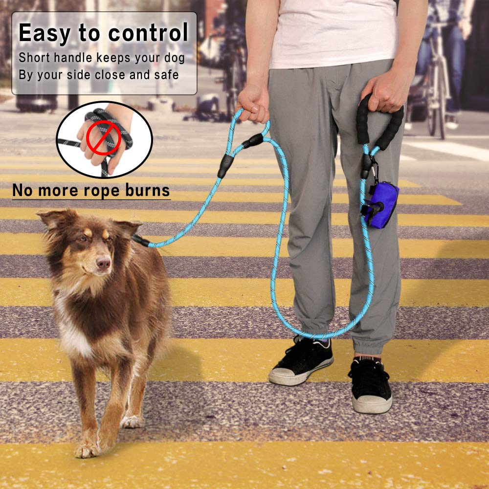 PLUTUS PET 6ft Heavy Duty Rope Dog Leash with Dual Reflective Handles - Traffic Padded, Light Blue for Large/Medium Dogs