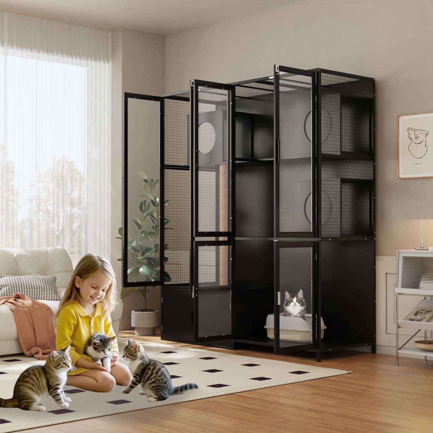 Dawnspaces 63 Cat Litter Box Enclosure, Extra Large Hidden Decorative Litterbox Cabinet Furniture With 3 Rooms, Acrylic Doors