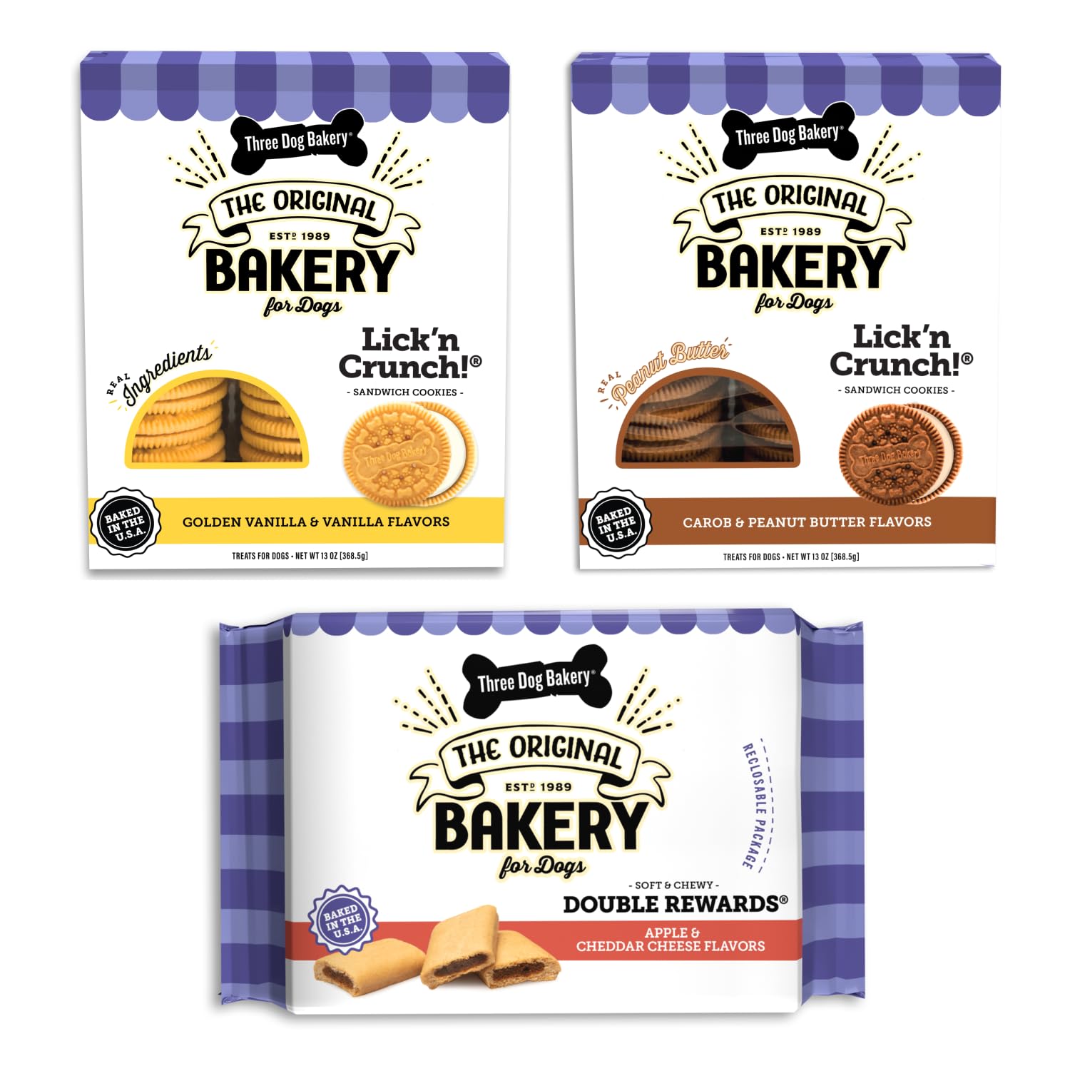 Three Dog Bakery Classic Cookies Variety Pack Premium Treats for Dogs, Carob/Peanut Butter, Golden/Vanilla, & Double Reward, 36 