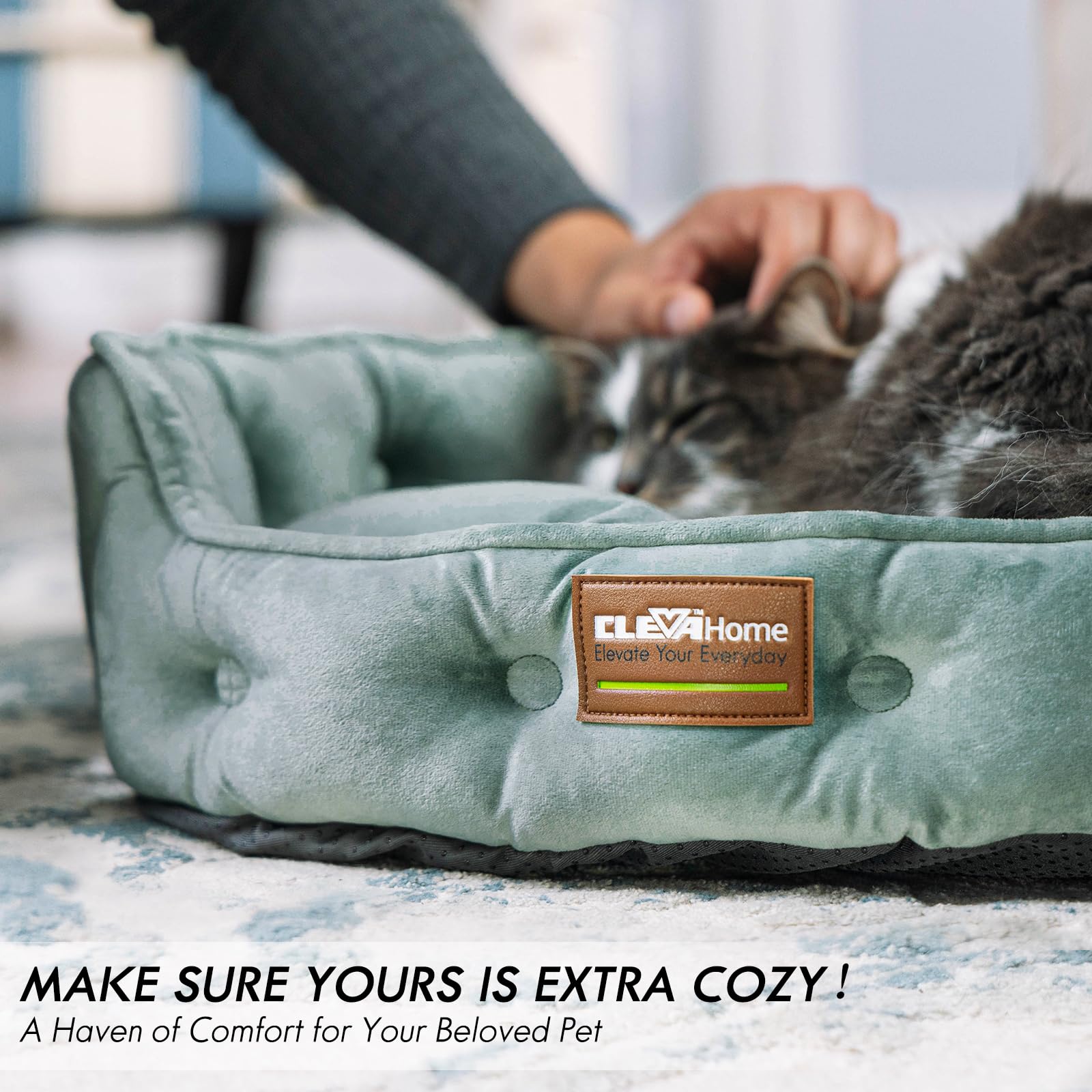 ClevaHome Cat Dog Bed - Round Indoor Bed for Small Pets, 20"L x 19"W, Washed Green, Machine Washable, Non-Slip Bottom, Model M-CBS-BHL