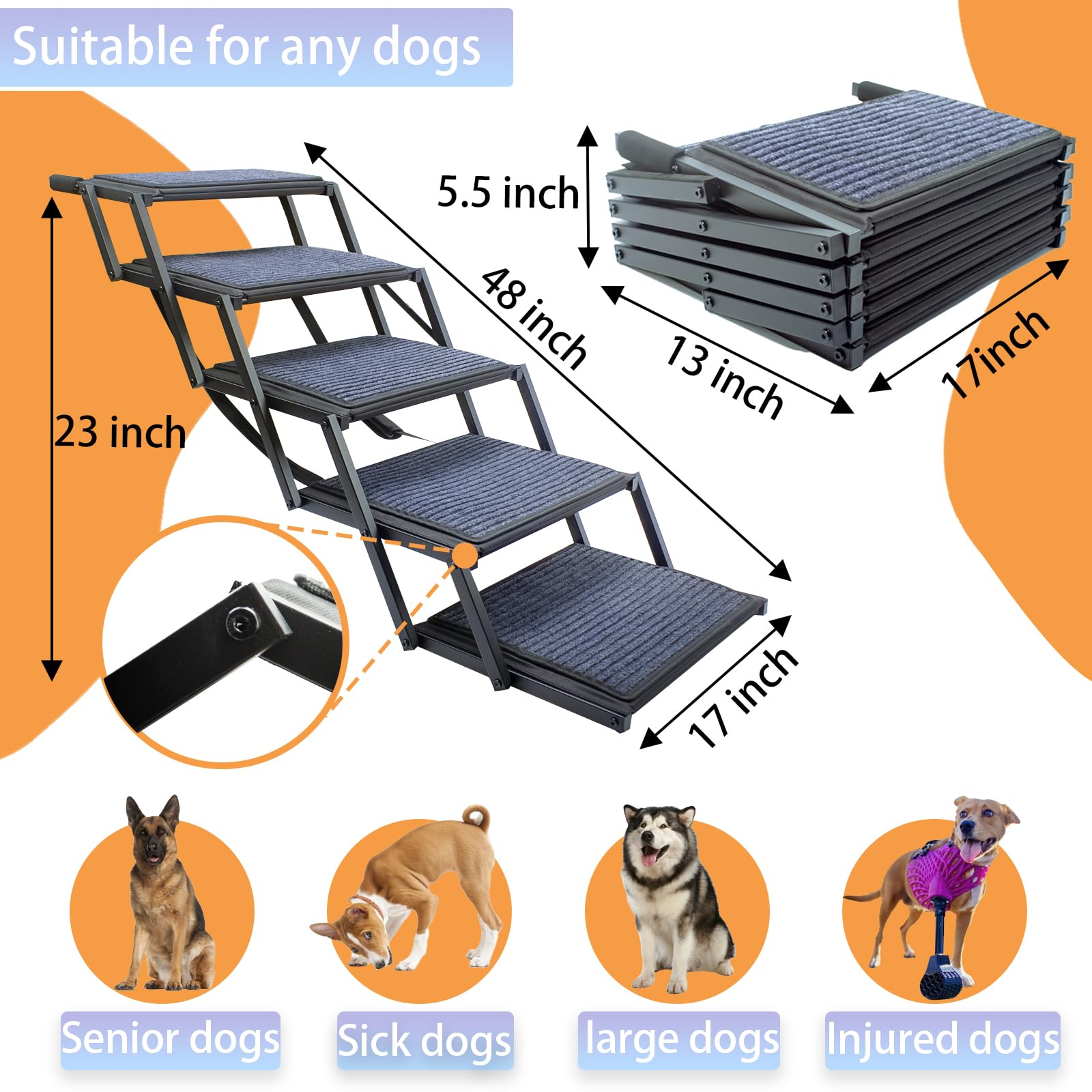 Dog Ramp for Car Truck and SUV Dog Stairs for Large Dogs Folding Pet Stairs with Non-Slip Rug Surface Supports Up to 250 lbs (5