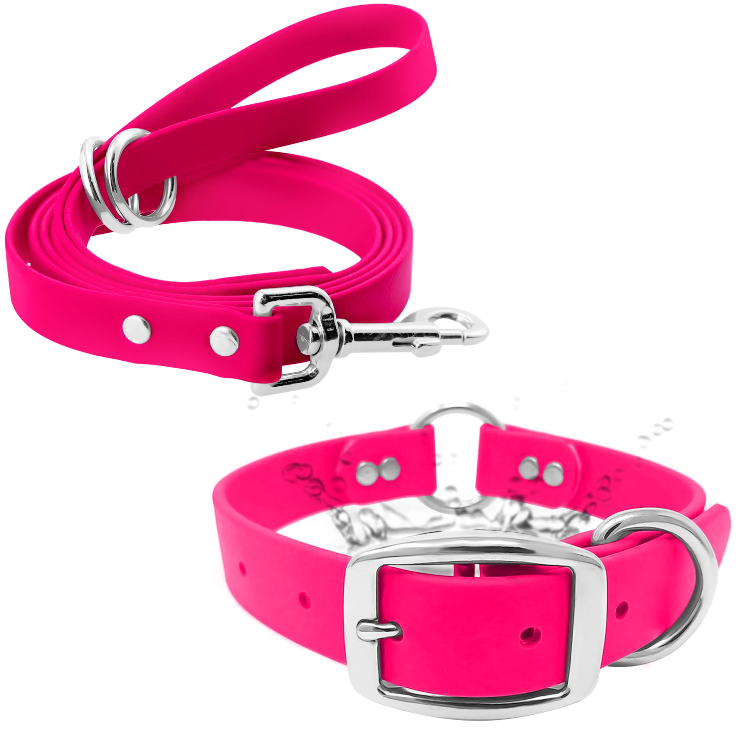 Regal Dog Products Medium Pink Waterproof Dog Collar And Leash Set - Vinyl Coated Biothane Pet Training Collar With Heavy Duty C
