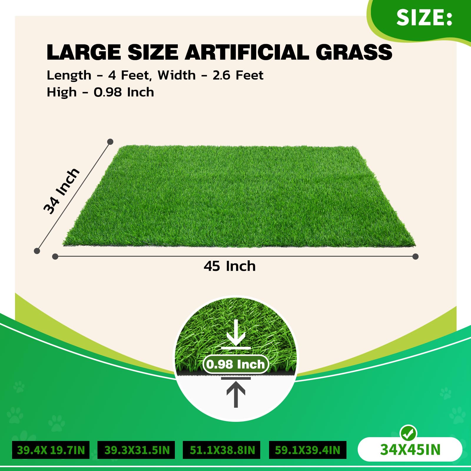 Oiyeefo Artificial Grass for Dogs, 1 Packs Fake Grass for Dogs to Pee On, Washable Reusable Dog Grass Pee Pads for Dog Potty Ind