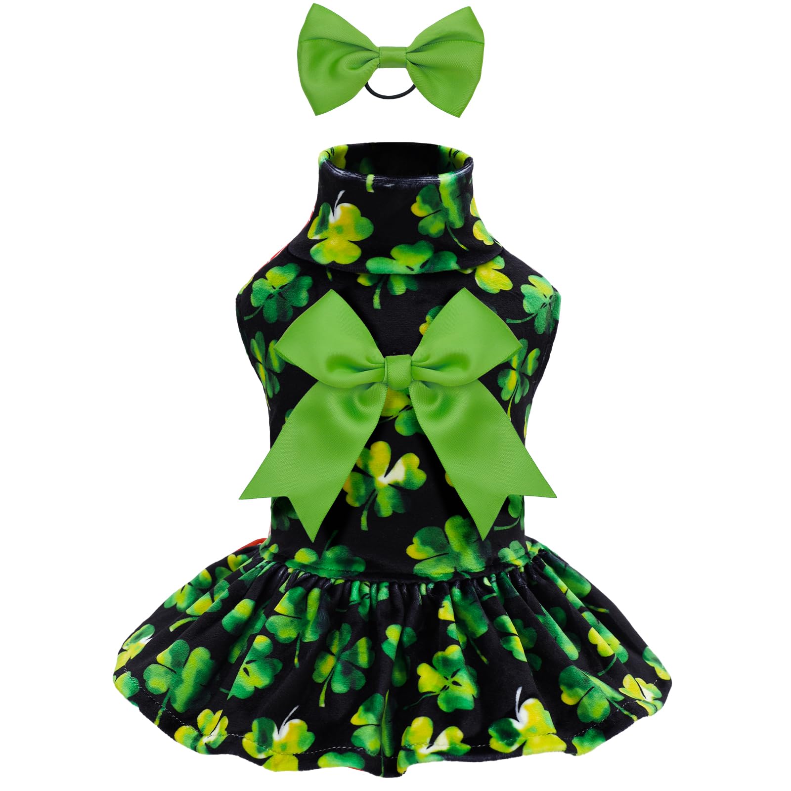 Cutebone Turtleneck Dog Velvet Dress St. Patrick'S Day Four Leaf Clover Puppy Skirt Costume Pet Clothes Cat Apparel With Bow Hai