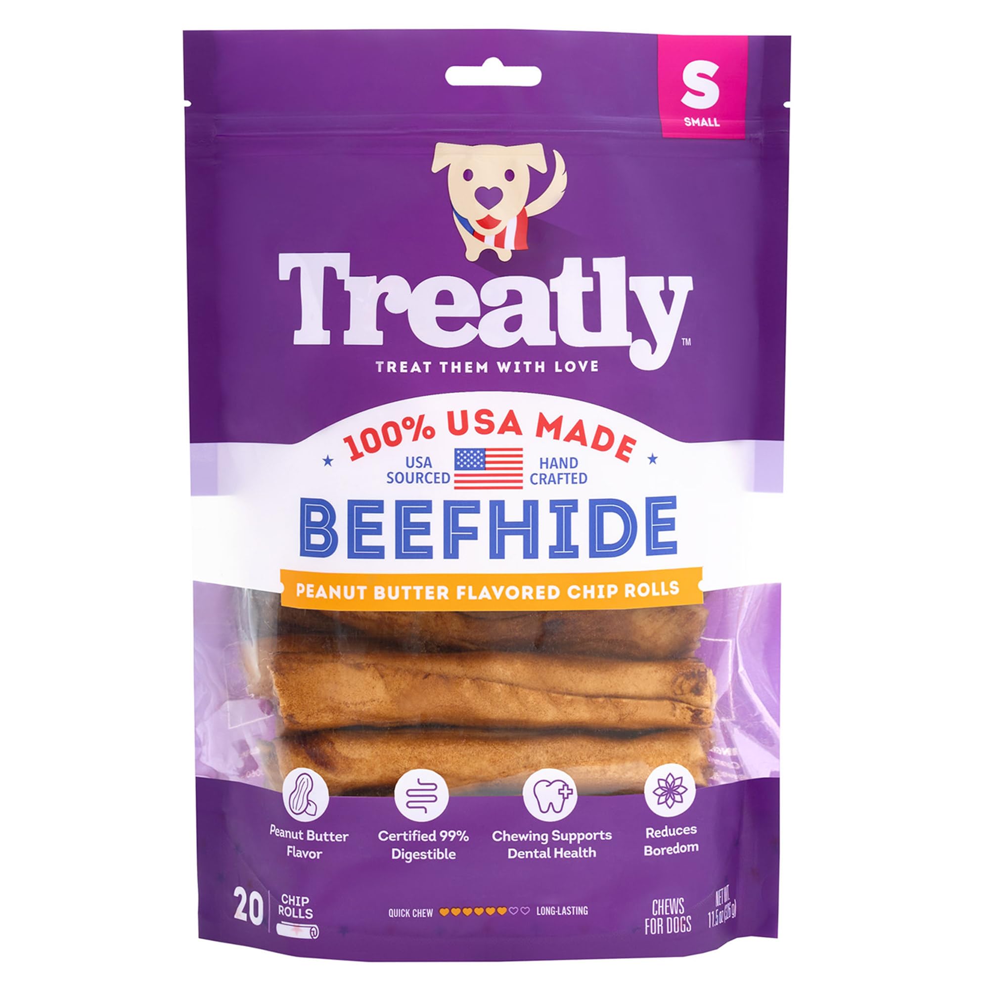 Treatly USA Beefhide Chip Rolls 5-6 Dog Chew Treats - Peanut Butter Flavor, 20 Count/1 Pack