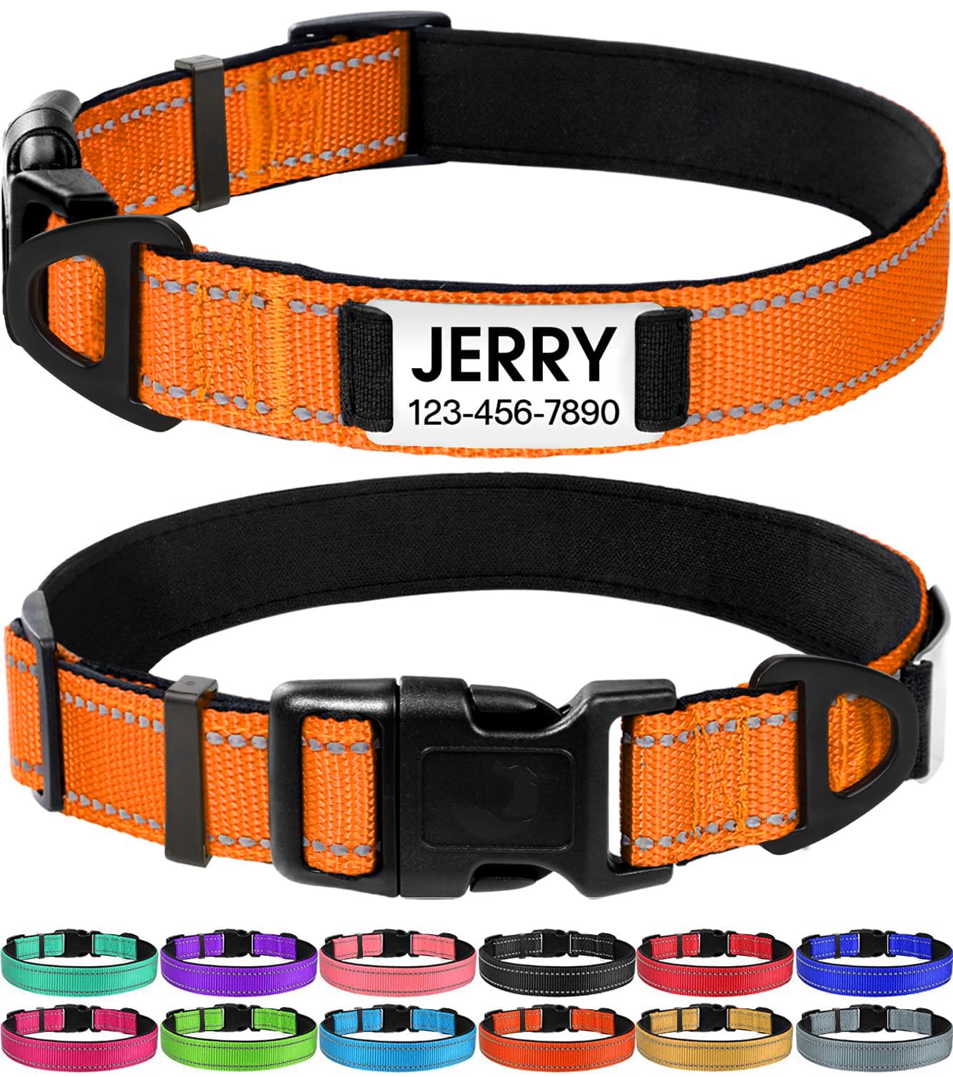 Joytale Personalized Dog Collars, Reflective Nylon Dog Collar With Engraved Name Plate, Customized For Medium Dogs, Orange, M