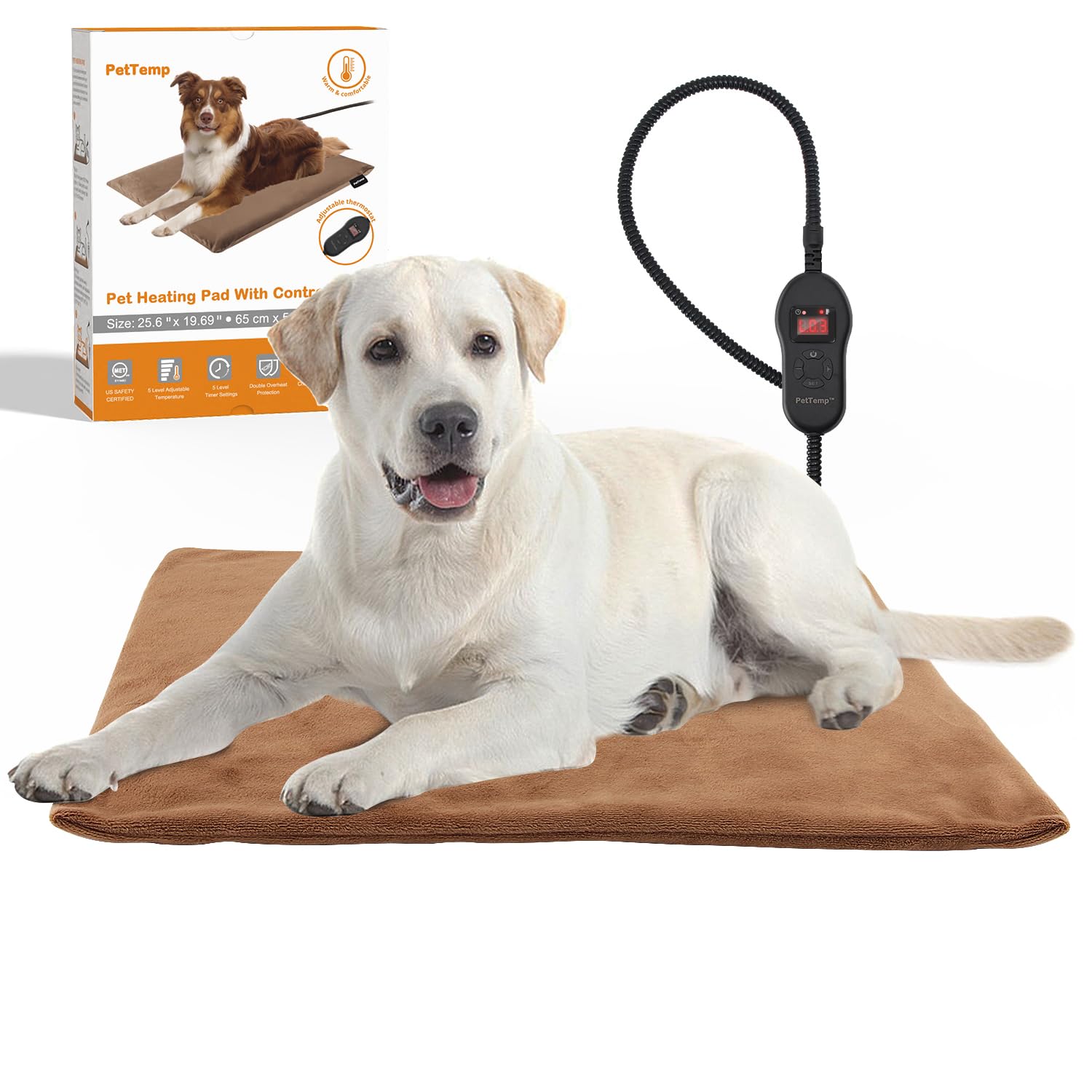 Pettemp Upgraded Pet Heating Pad, 5 Adjustable Temperature & Timer, Electric Heated Dog Cat Bed For Winter, Auto Power-Off, Wate