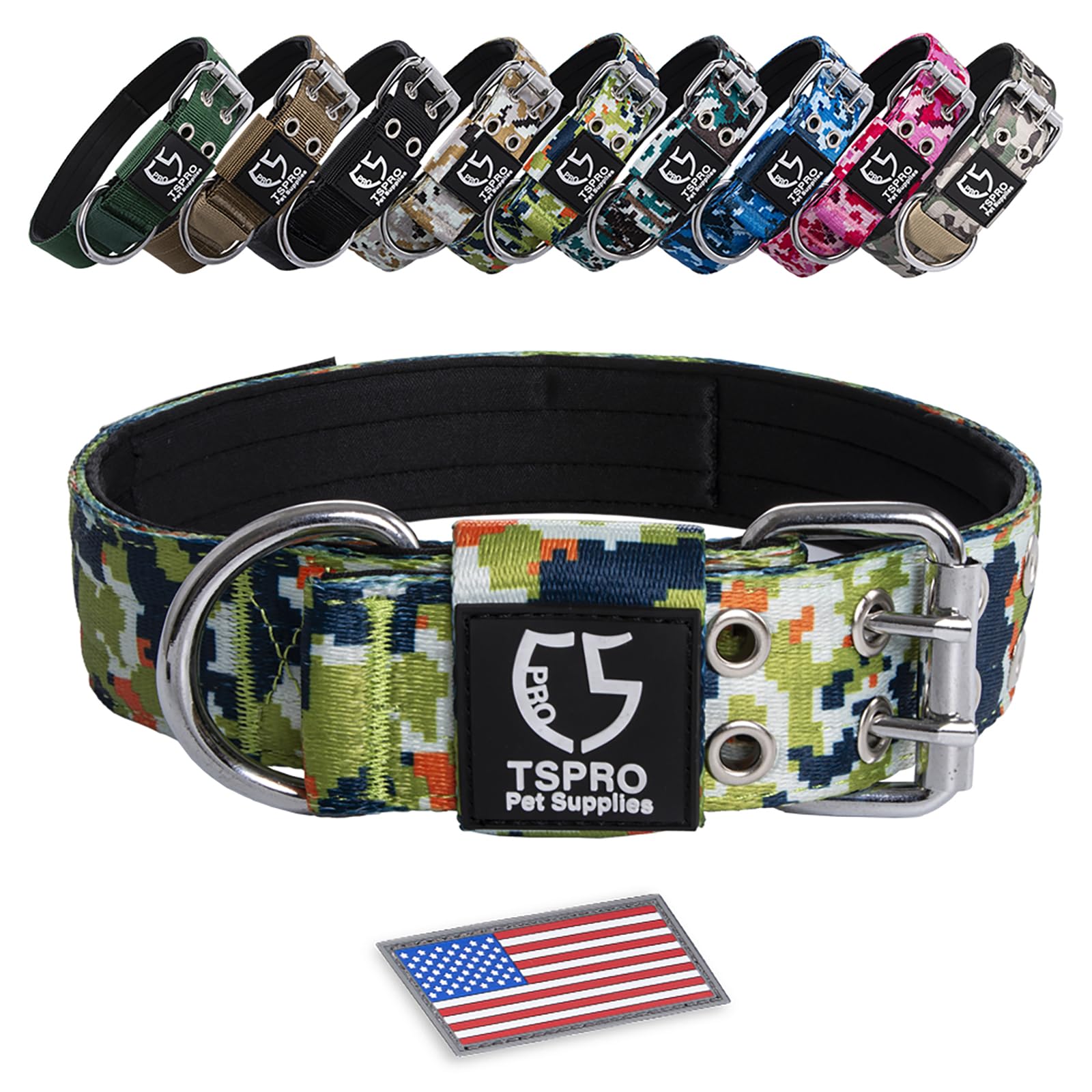 Tspro Camo Dog Collar Tactical Dog Collar Military Dog Collar Working K9 Dog Collar With Metal Buckle And Usa Flag Patch For Medium Large Dogs(Camo Green-M)