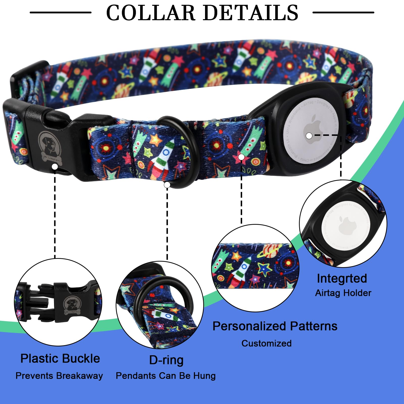 Mr.Chubbyface Spring Summer Dog Collar With Apple Airtag Holder Universe Dog Collar For Small Medium Large Boy Girl Dogs