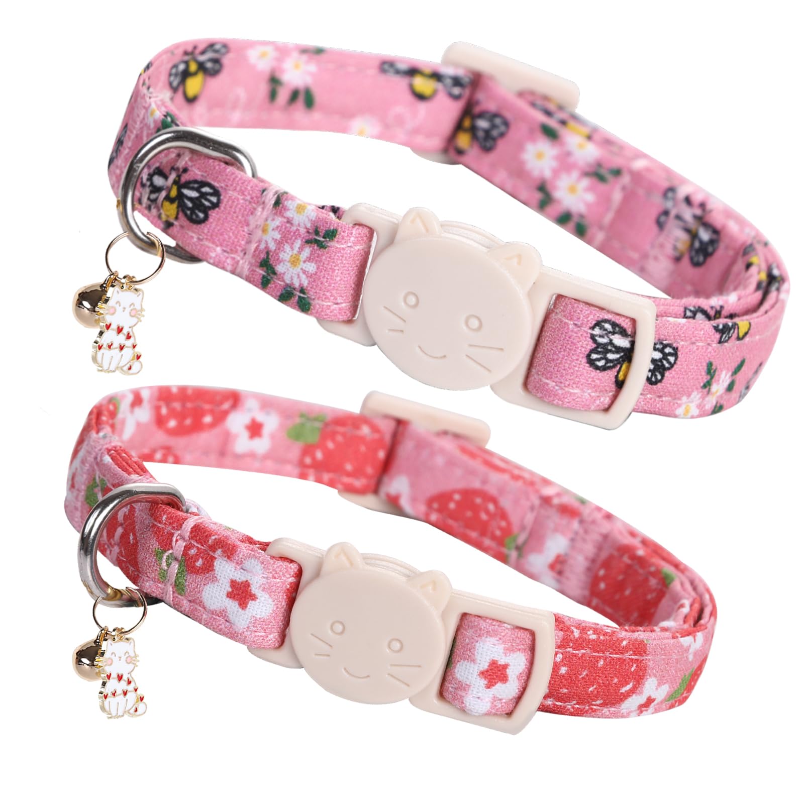 Elegant Little Tail 2 Pack Cat Collar-Pink Print Cotton Breakaway Cat Collars With Bell Pendant Kitten Boy Girl Safety Adjustabl