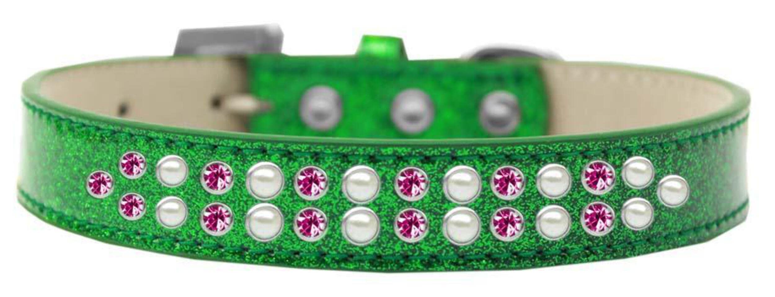 Mirage Pet Products Two Row Pearl and Pink Crystal Ice Cream Dog Collar, Size 14, Emerald Green