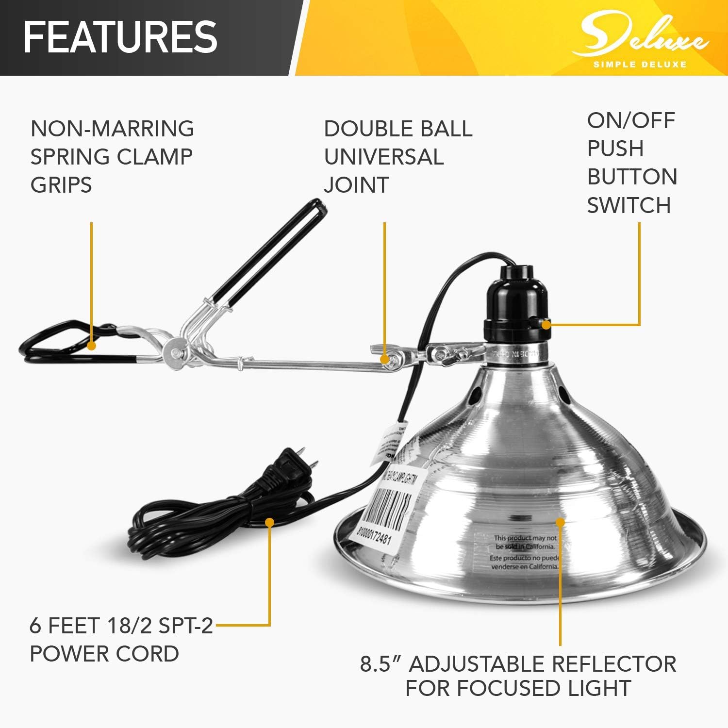 Simple Deluxe 1-Pack Clamp Lamp Light With 8.5 Inch Aluminum Reflector Up To 150 Watt E26 (No Bulb Included), Silver And Black