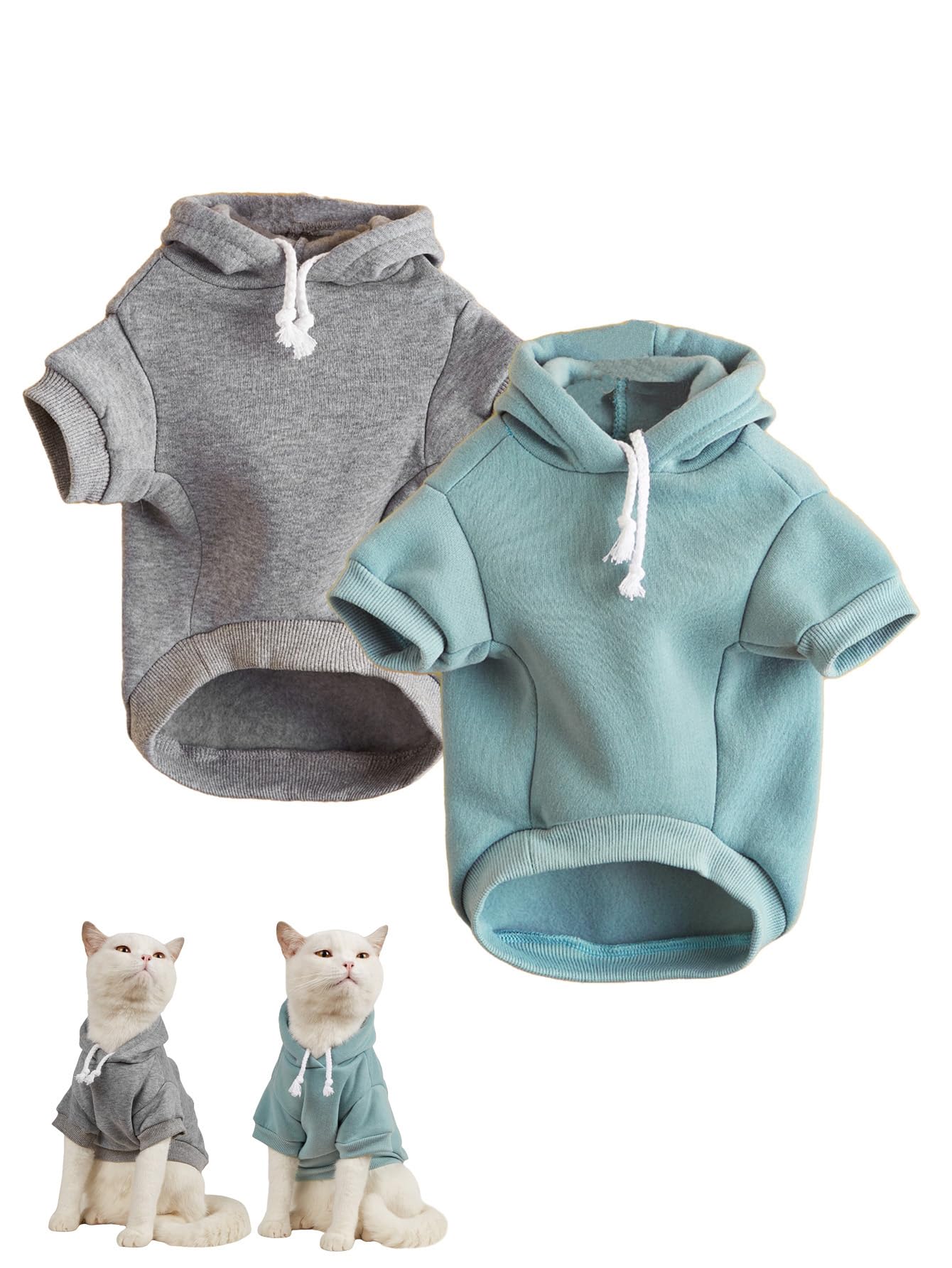 Qwinee 2Pc Basic Dog Hoodie & Cat Apparel - Dog & Cat Warm Jacket, Grey & Cadet Blue, Sizes S/M