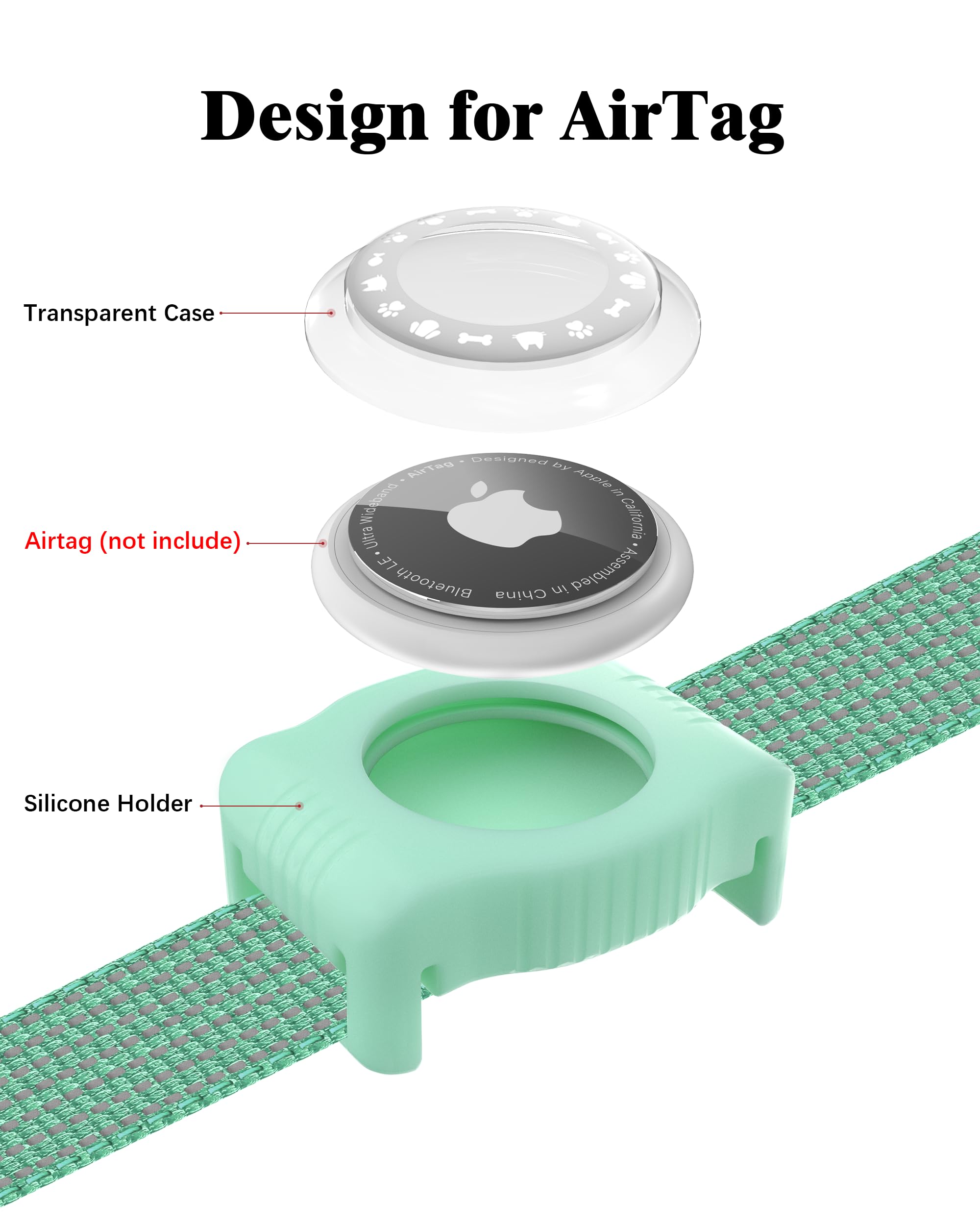 Whoseid Reflective Dog Collar With Airtag Holder,Adjustable Dog Collar With Neoprene Padded & Anti-Lost Qr Code Buckle (Green, L