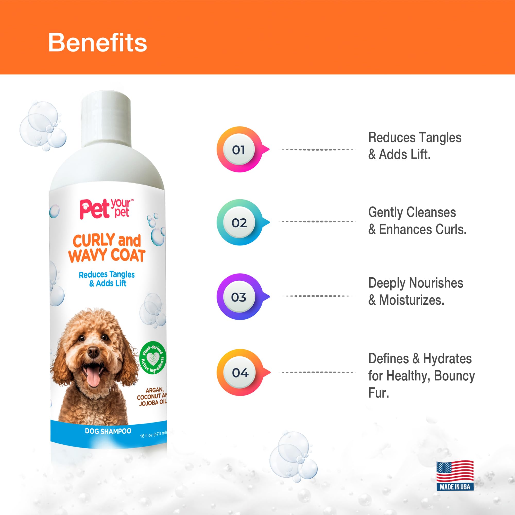 Pet Your Pet Natural Dog Shampoo For Curly & Wavy Coats - Hydrating & Tangle-Reducing Wash With Argan, Coconut & Jojoba Oils - D