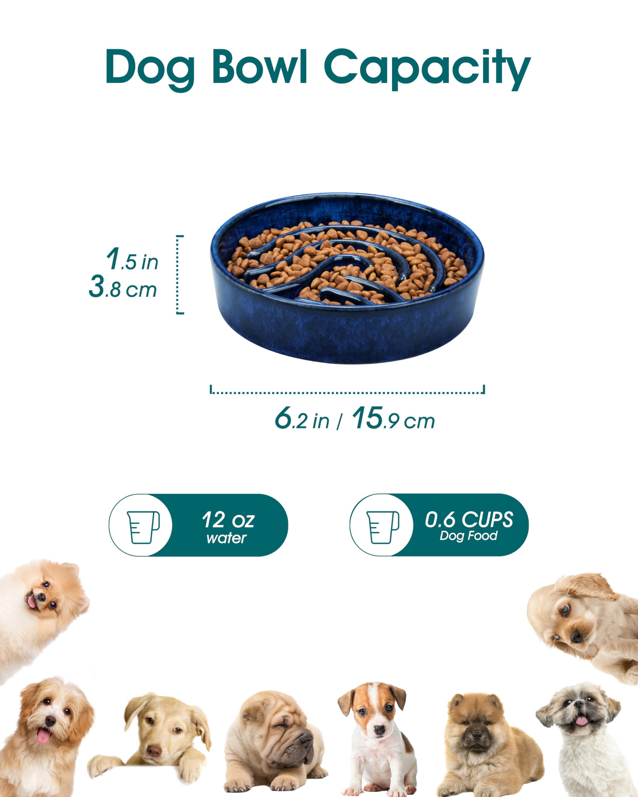 vancasso Slow Feeder Dog Bowl, 0.6 Cup Ceramic Slow Feeding Food Dish for Small Breed, Puzzle Dog Food Bowl for Fast Eater, Blue