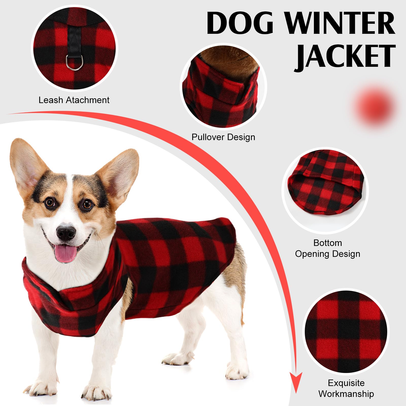 Soft Warm Dog Sweater, Winter Dog Clothes - Stretchy Fleece Vest With D Ring Leash (Red Plaid, Xs)